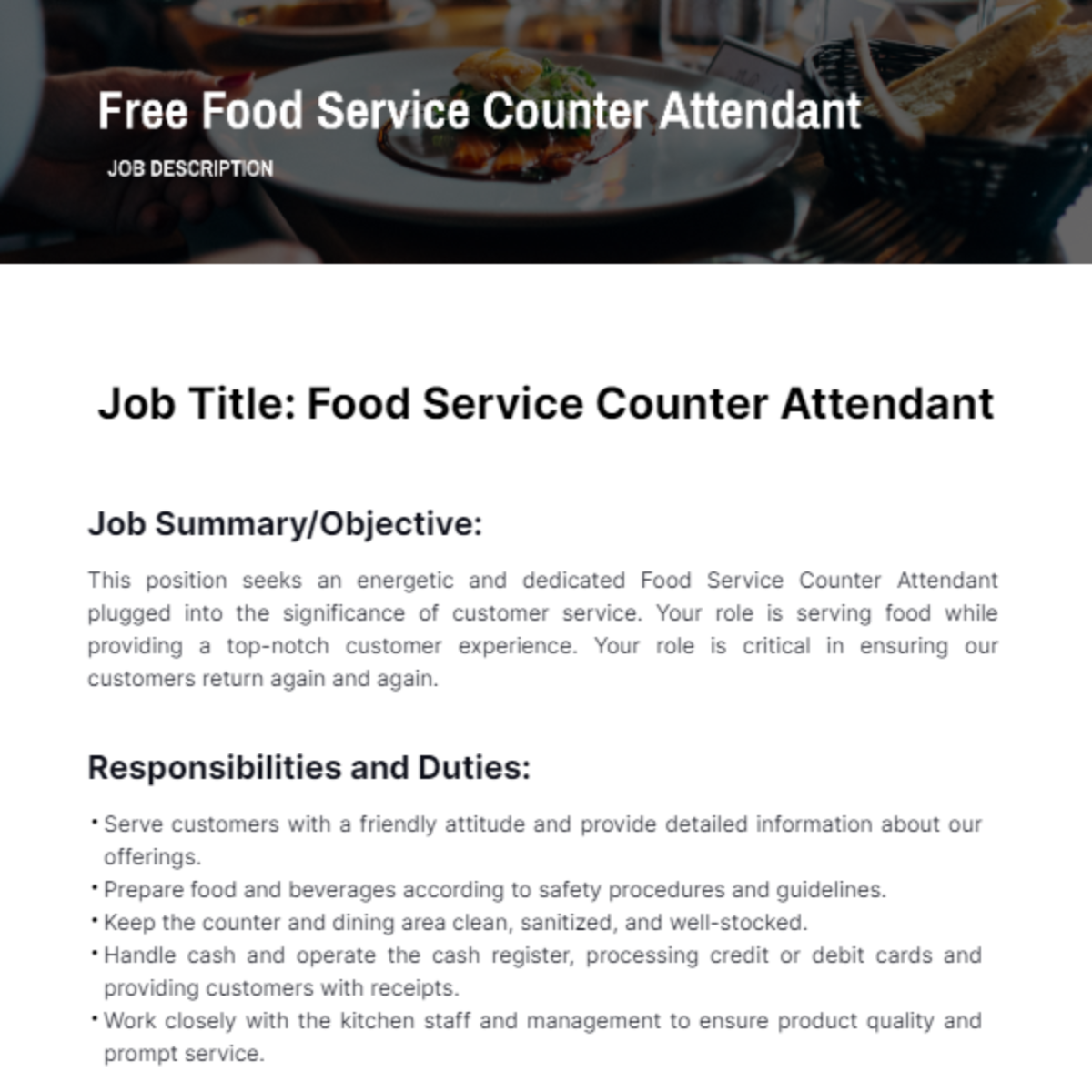 Food Service Counter Attendant Job Description Template - Edit Online & Download