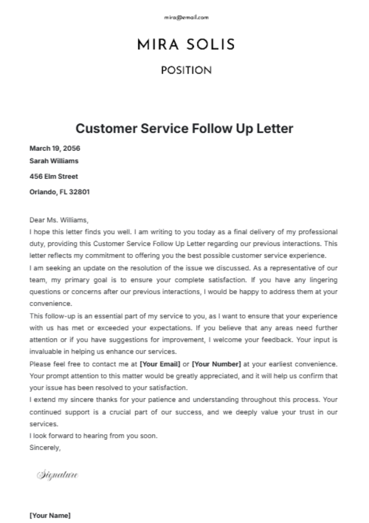 Customer Service Follow Up Letter Template - Edit Online & Download