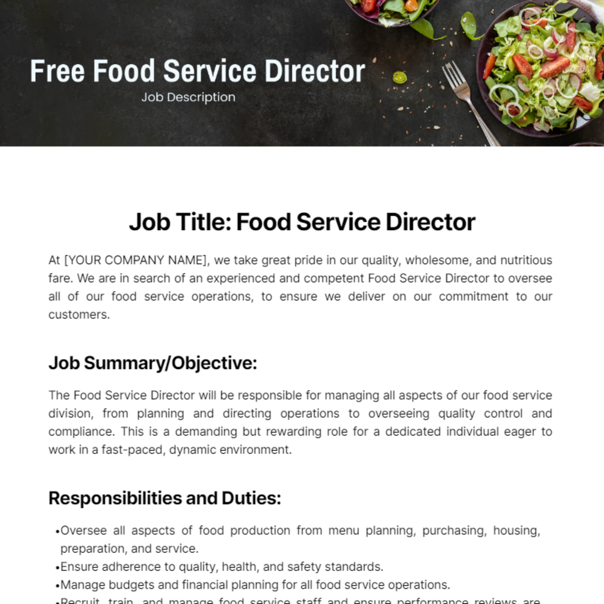 Food Service Director Job Description Template - Edit Online & Download