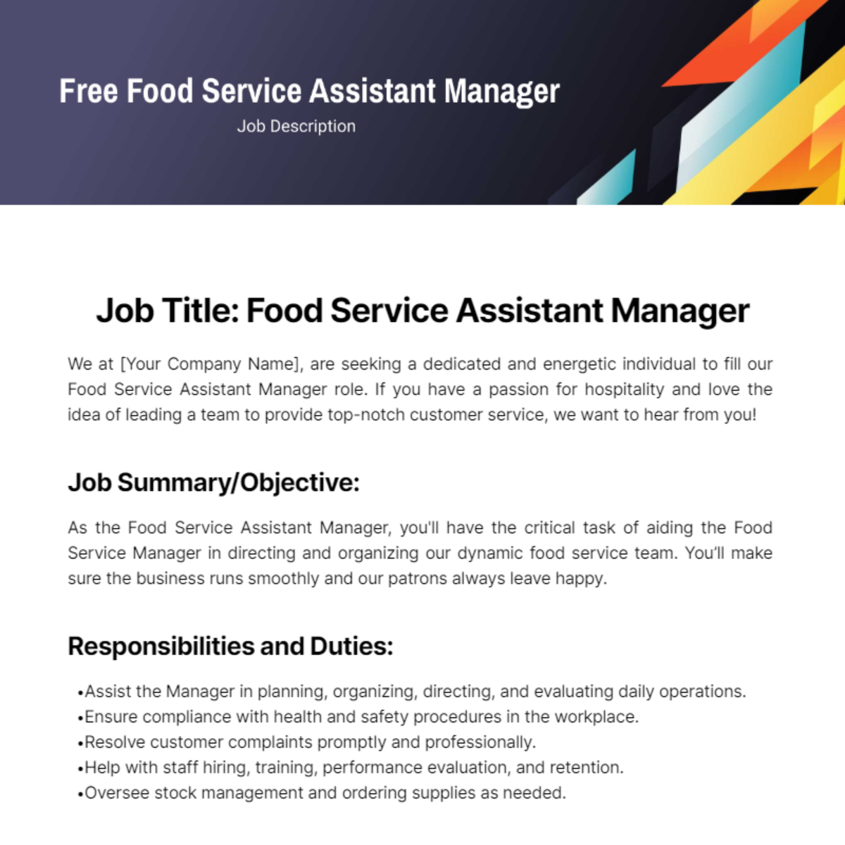 Food Service Assistant Manager Job Description Template - Edit Online & Download