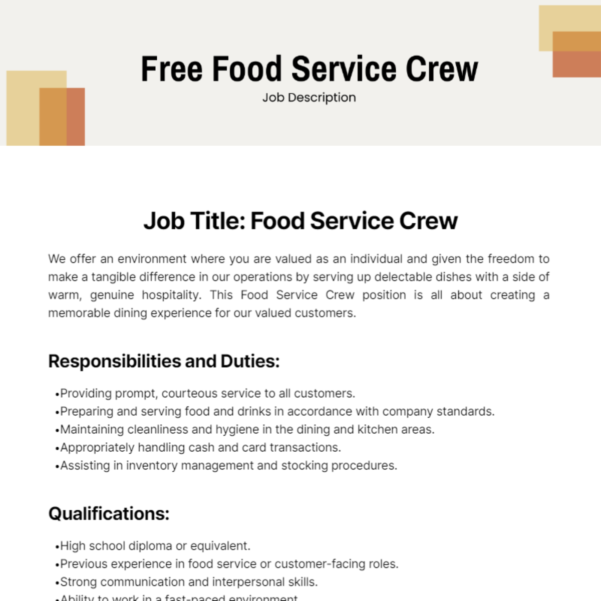 Food Service Crew Job Description Template - Edit Online & Download