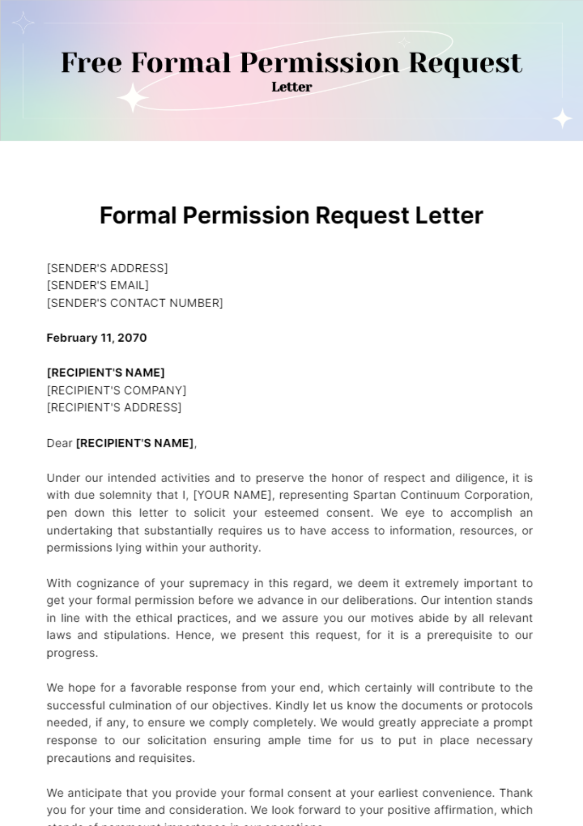Free Formal Permission Request Letter Template