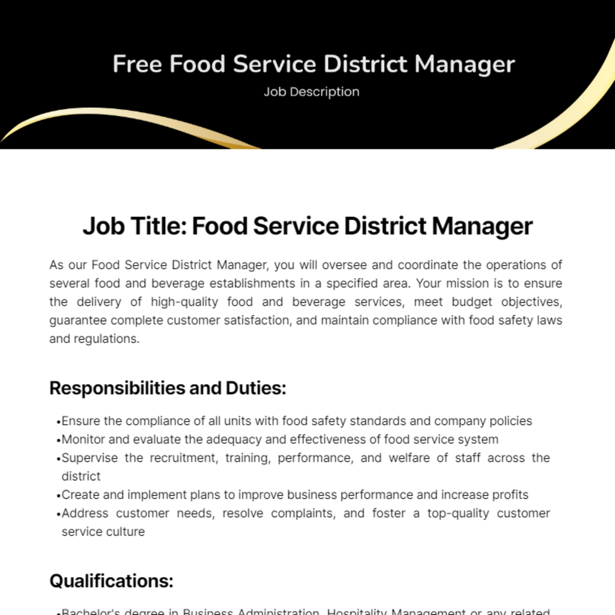 Food Service District Manager Job Description Template - Edit Online & Download