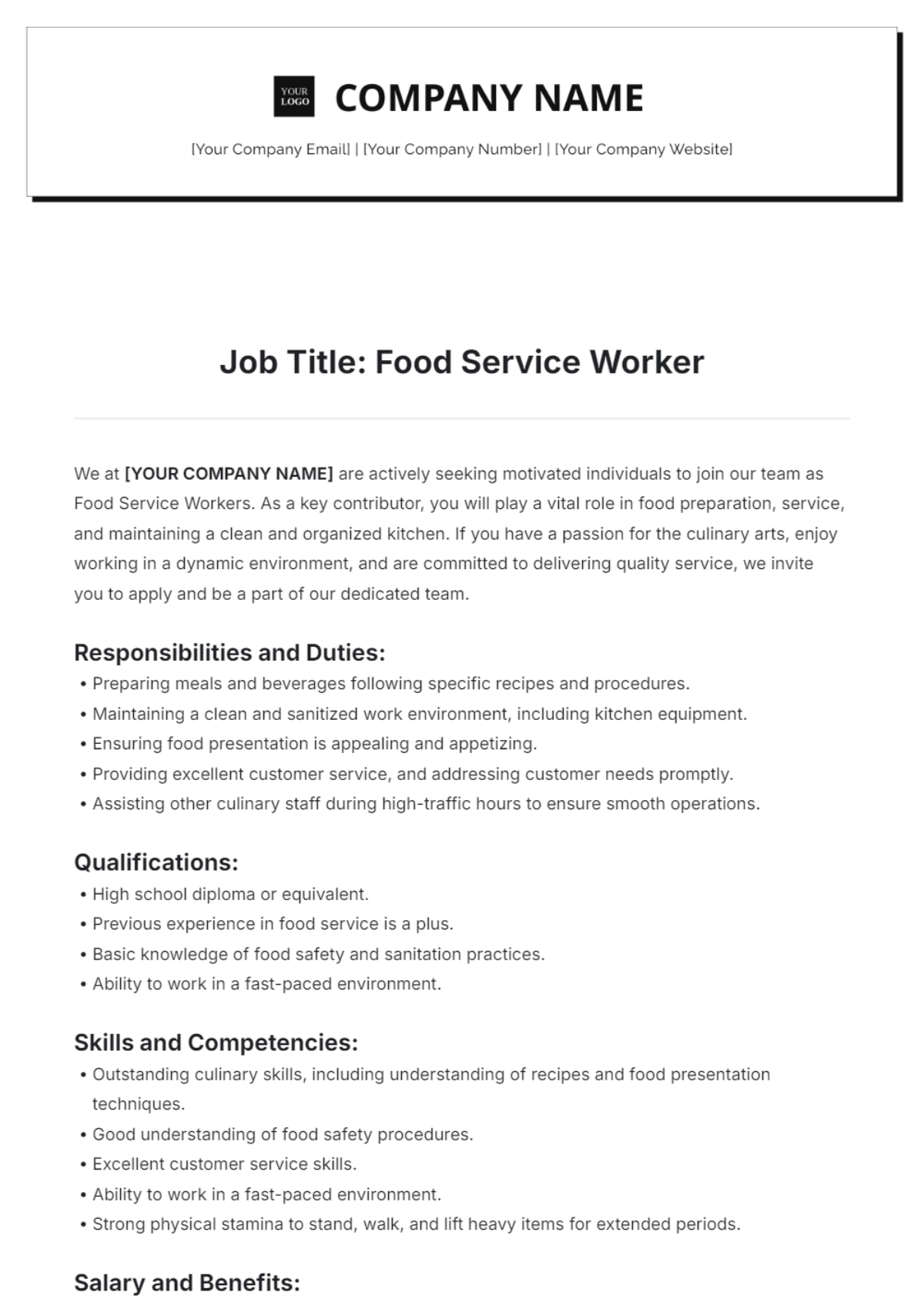 Food Service Worker Job Description Template - Edit Online & Download