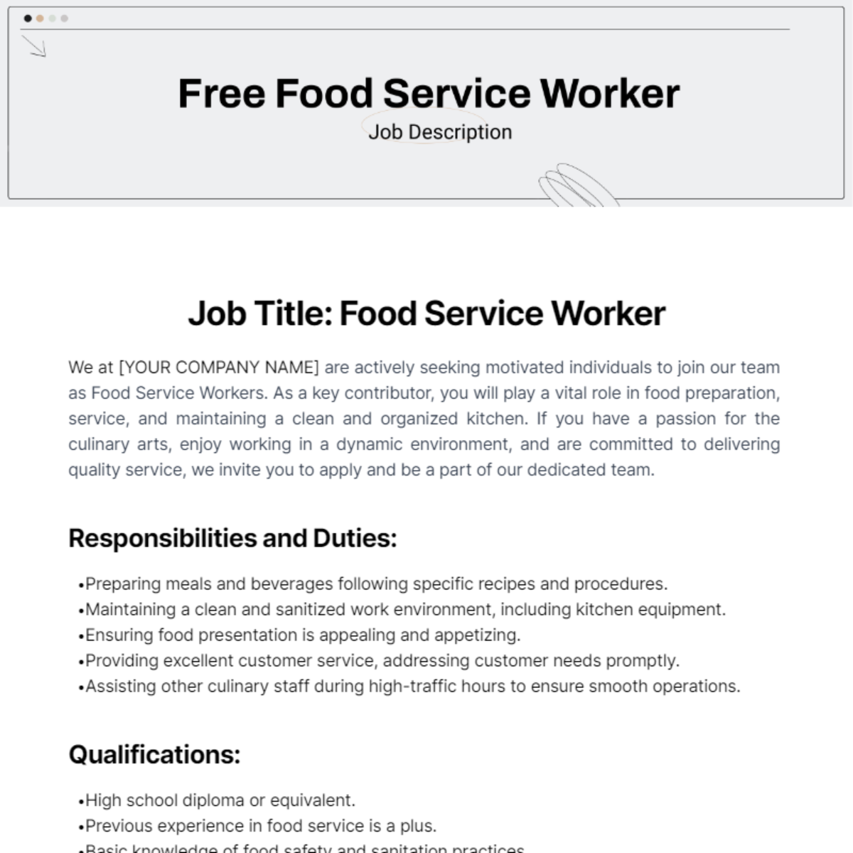 Food Service Worker Job Description Template - Edit Online & Download