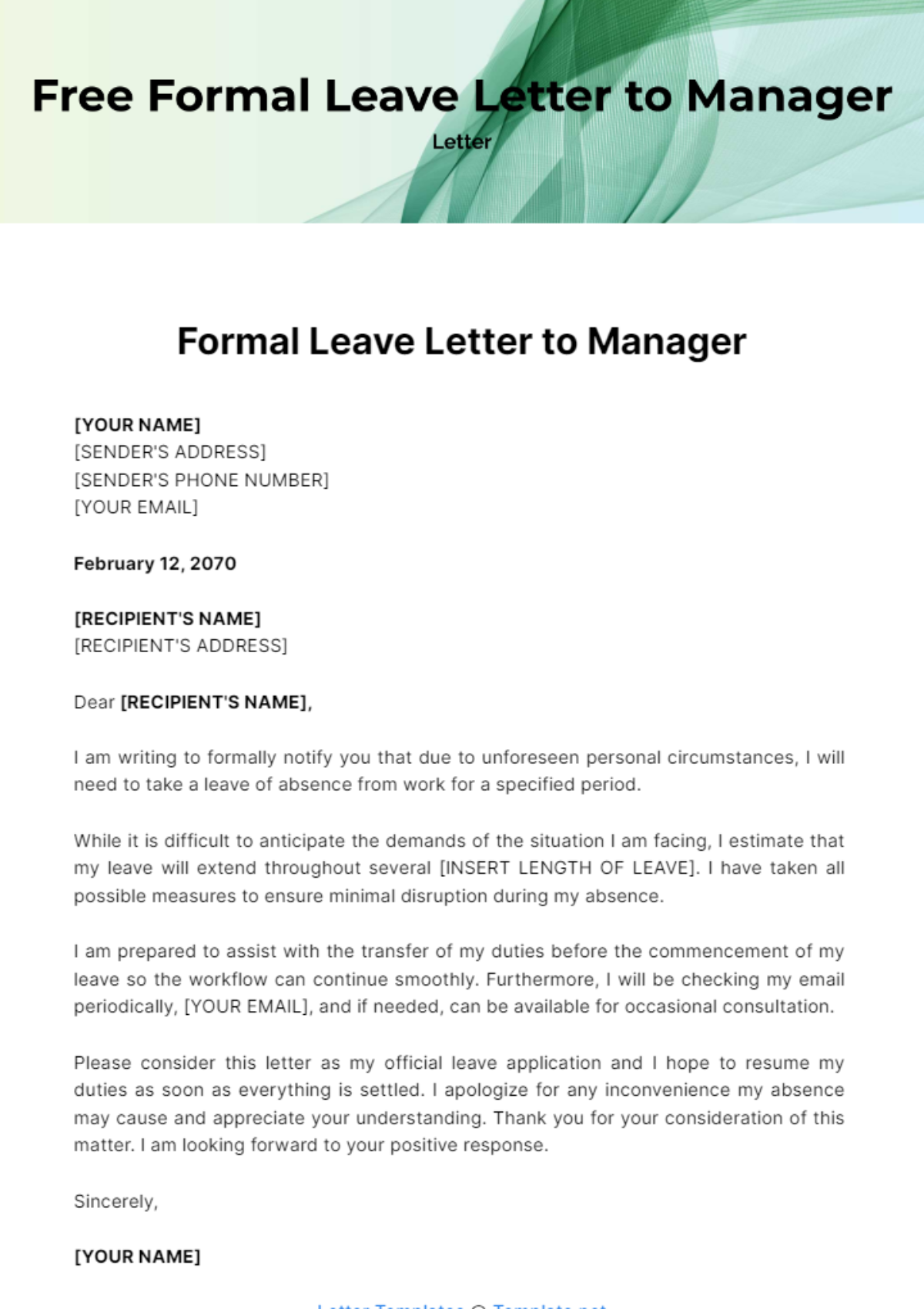 Free Formal Leave Letter to Manager Template