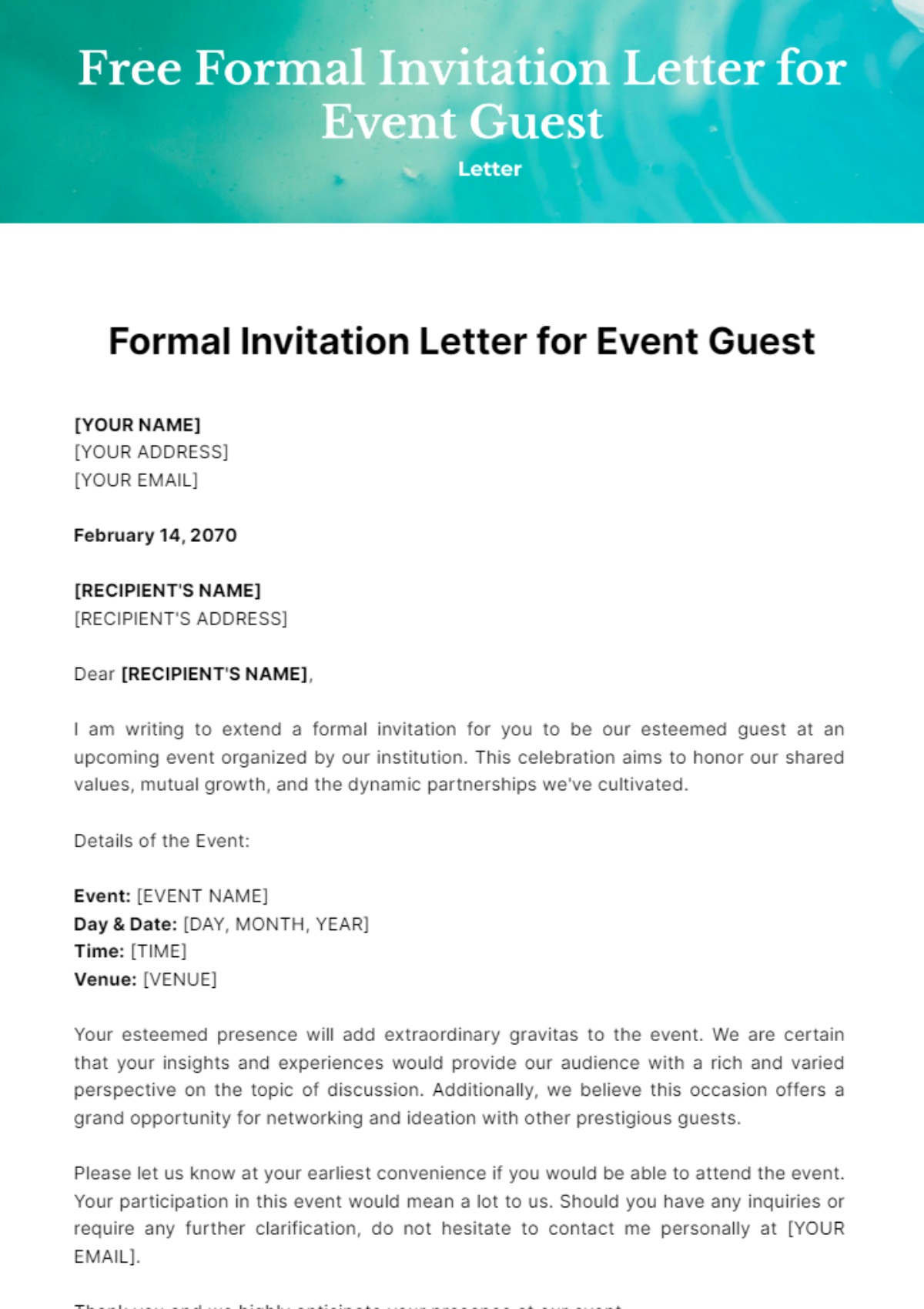 Free Formal Invitation Letter for Event Guest Template