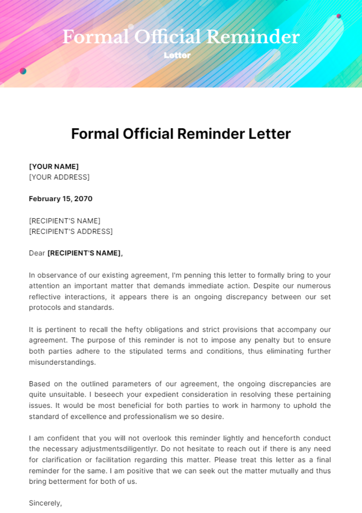 Free Formal Official Reminder Letter Template