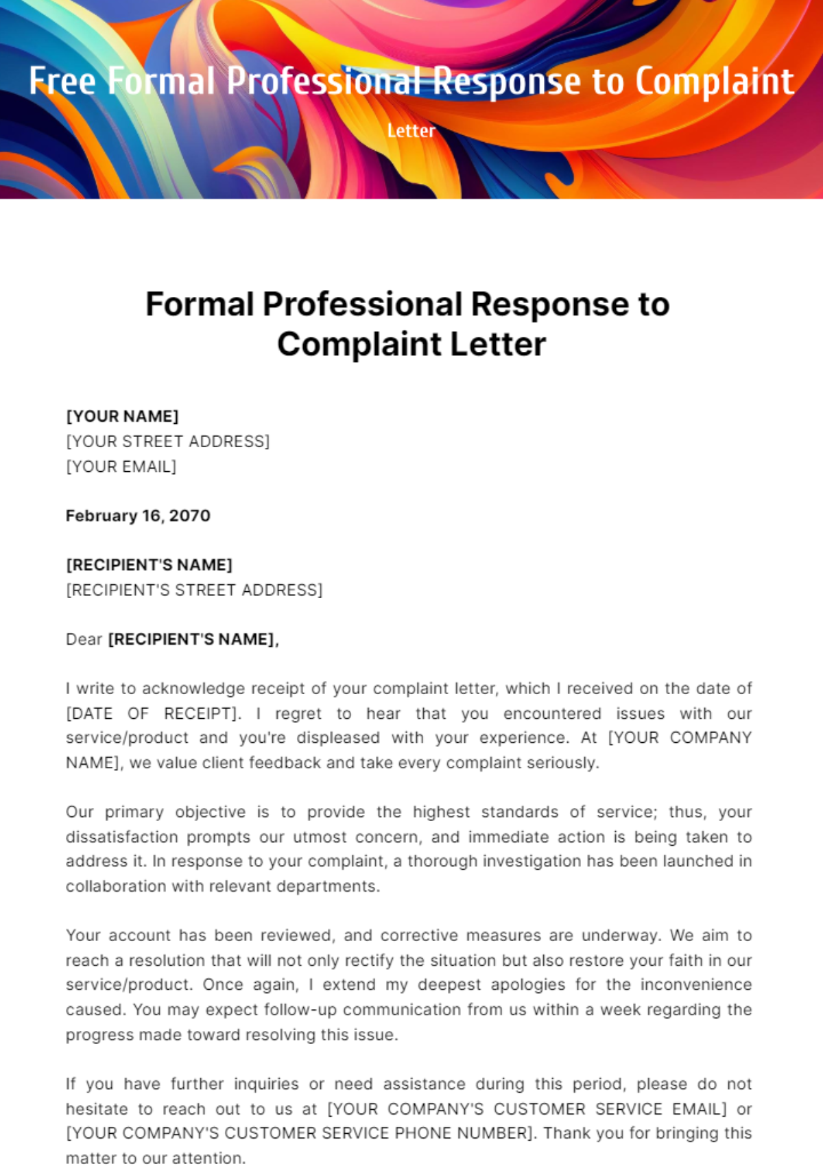 Free Formal Professional Response to Complaint Letter Template