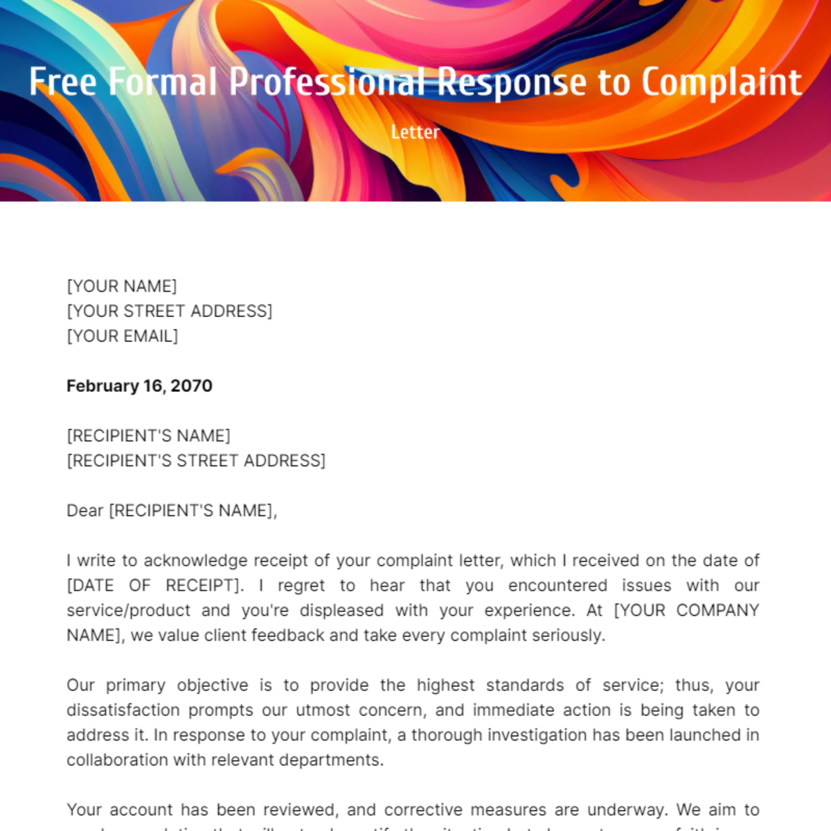 Formal Professional Response to Complaint Letter Template