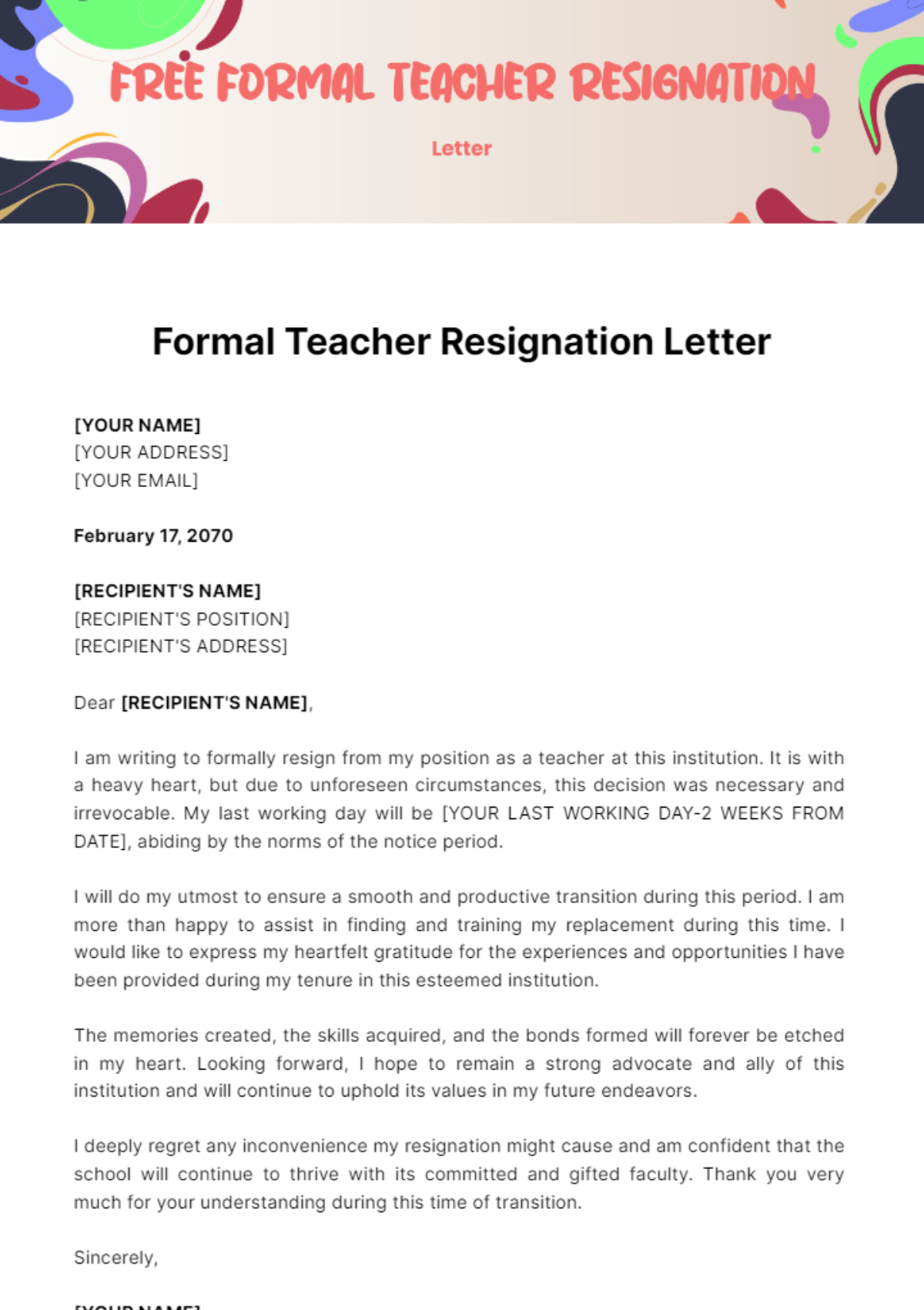 Free Formal Teacher Resignation Letter Template
