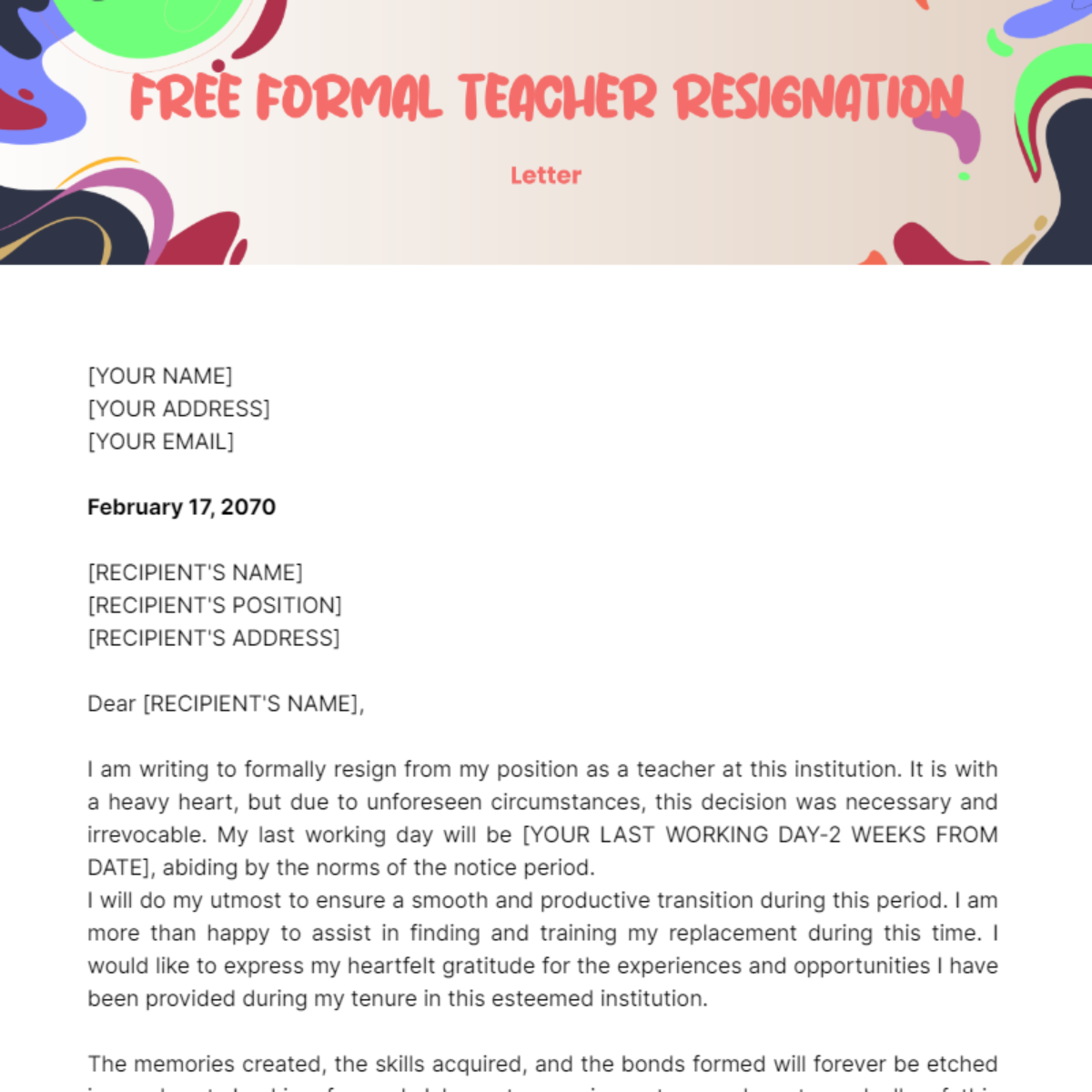 Formal Teacher Resignation Letter Template