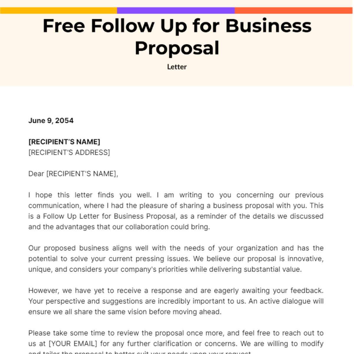 Follow Up Letter for Business Proposal Template