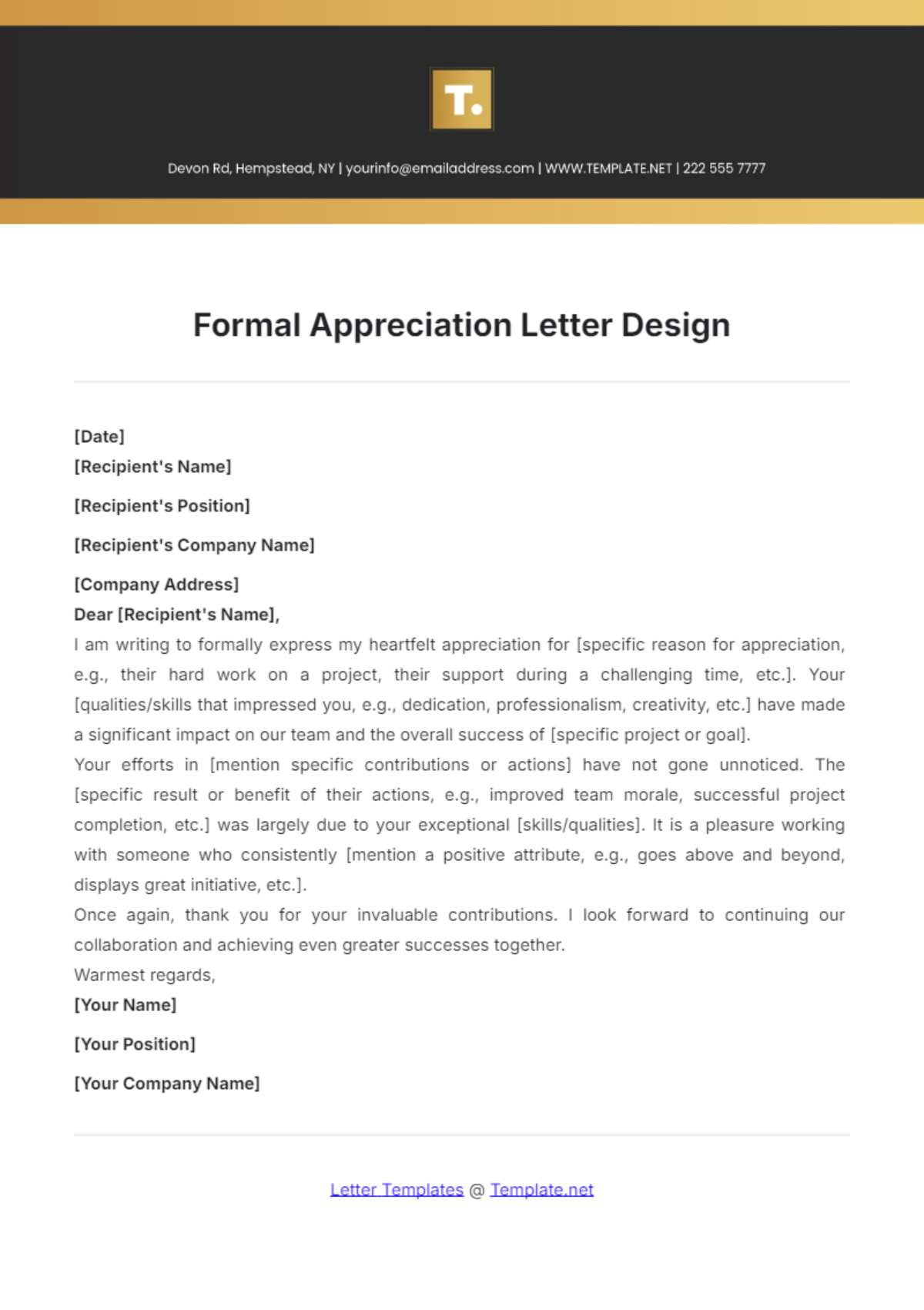 Formal Appreciation Letter Design Template - Edit Online & Download