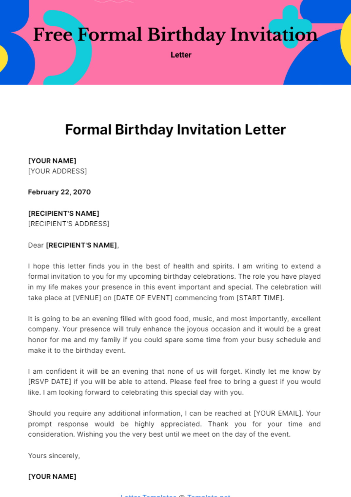 Free Formal Birthday Invitation Letter Template