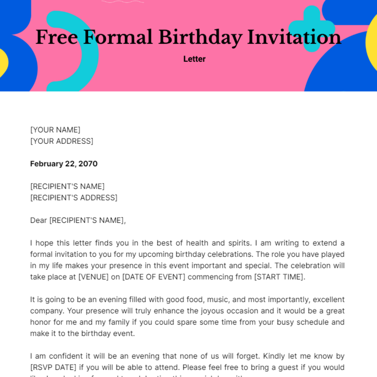 Formal Birthday Invitation Letter Template