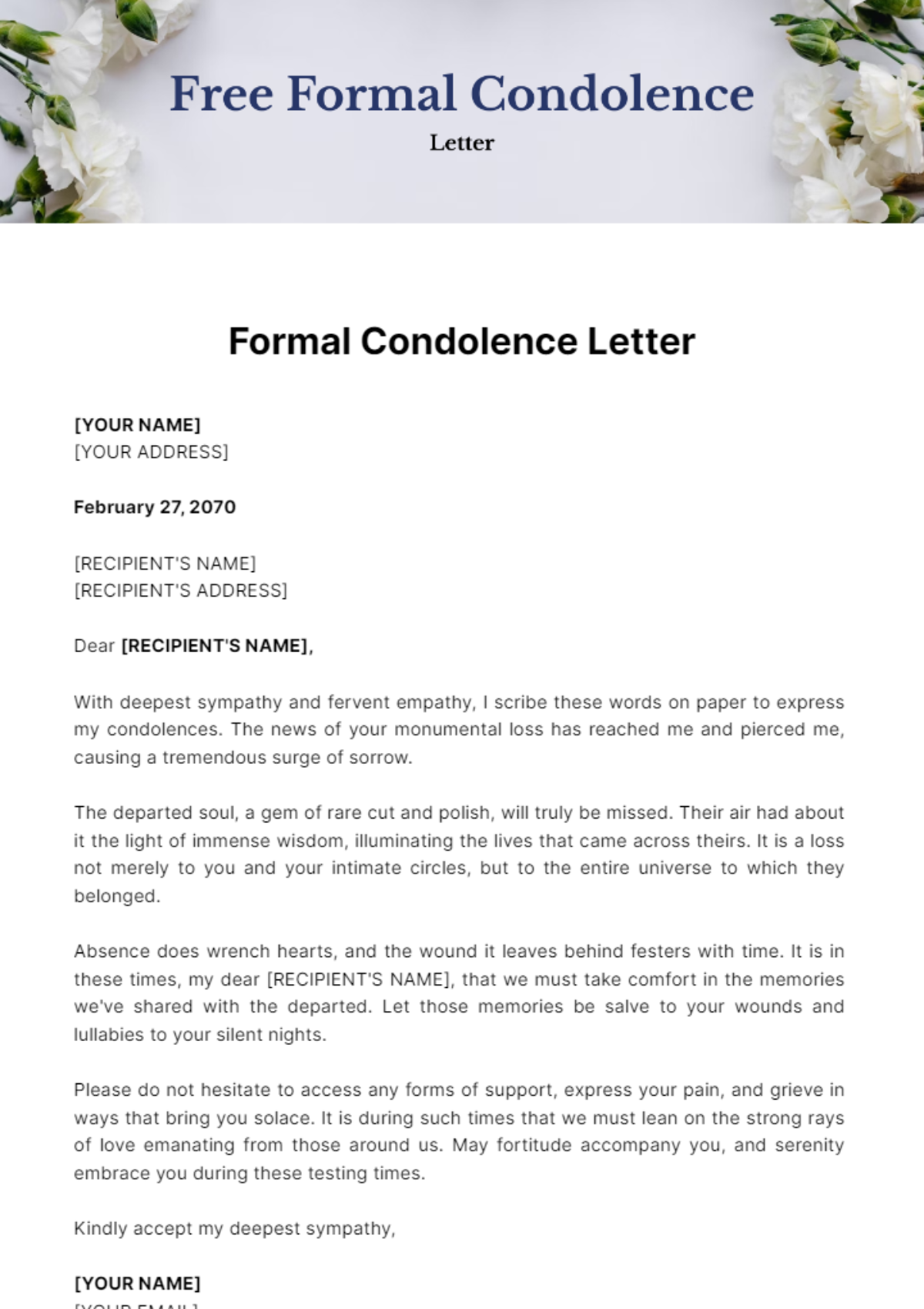 Free Formal Condolence Letter Template