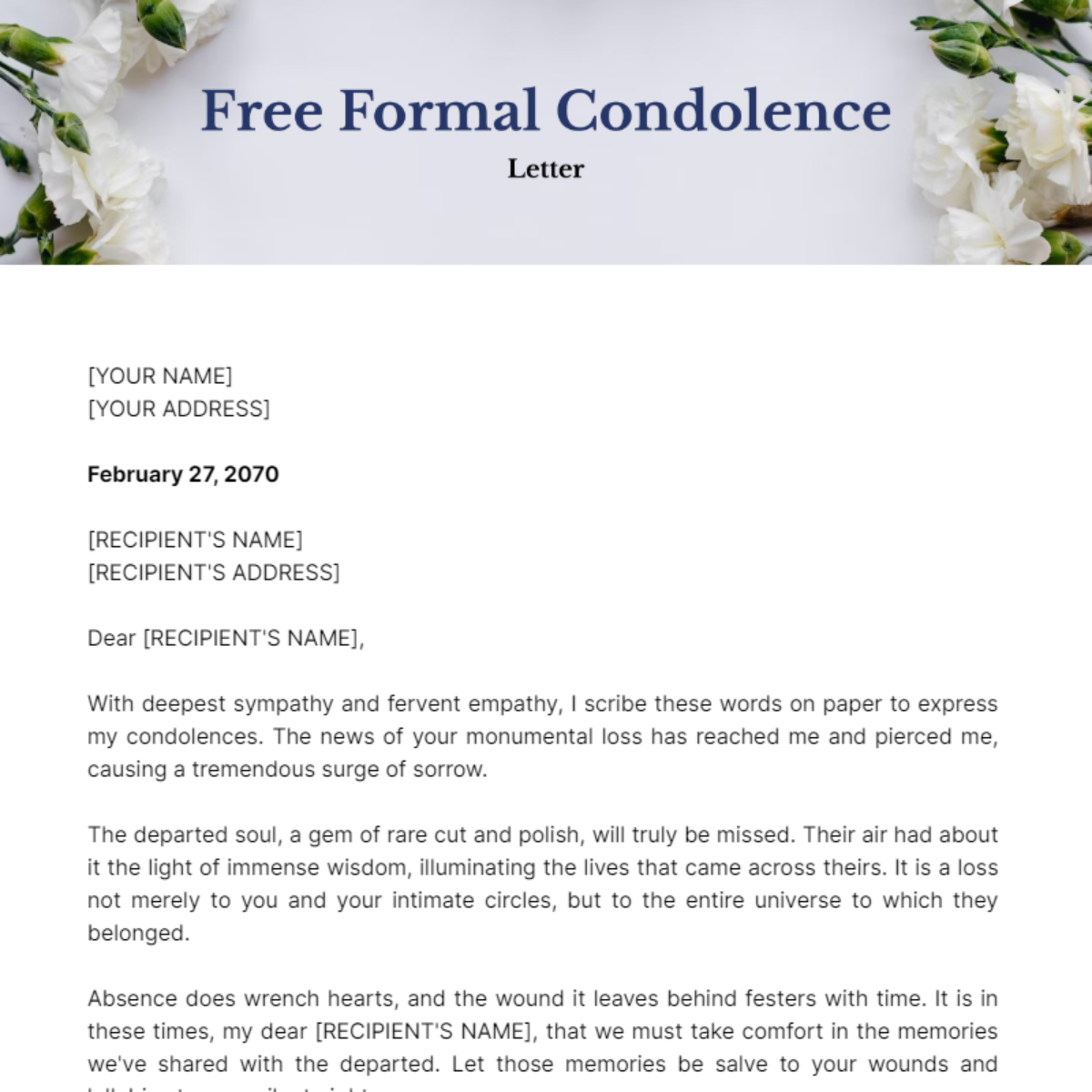 Formal Condolence Letter Template