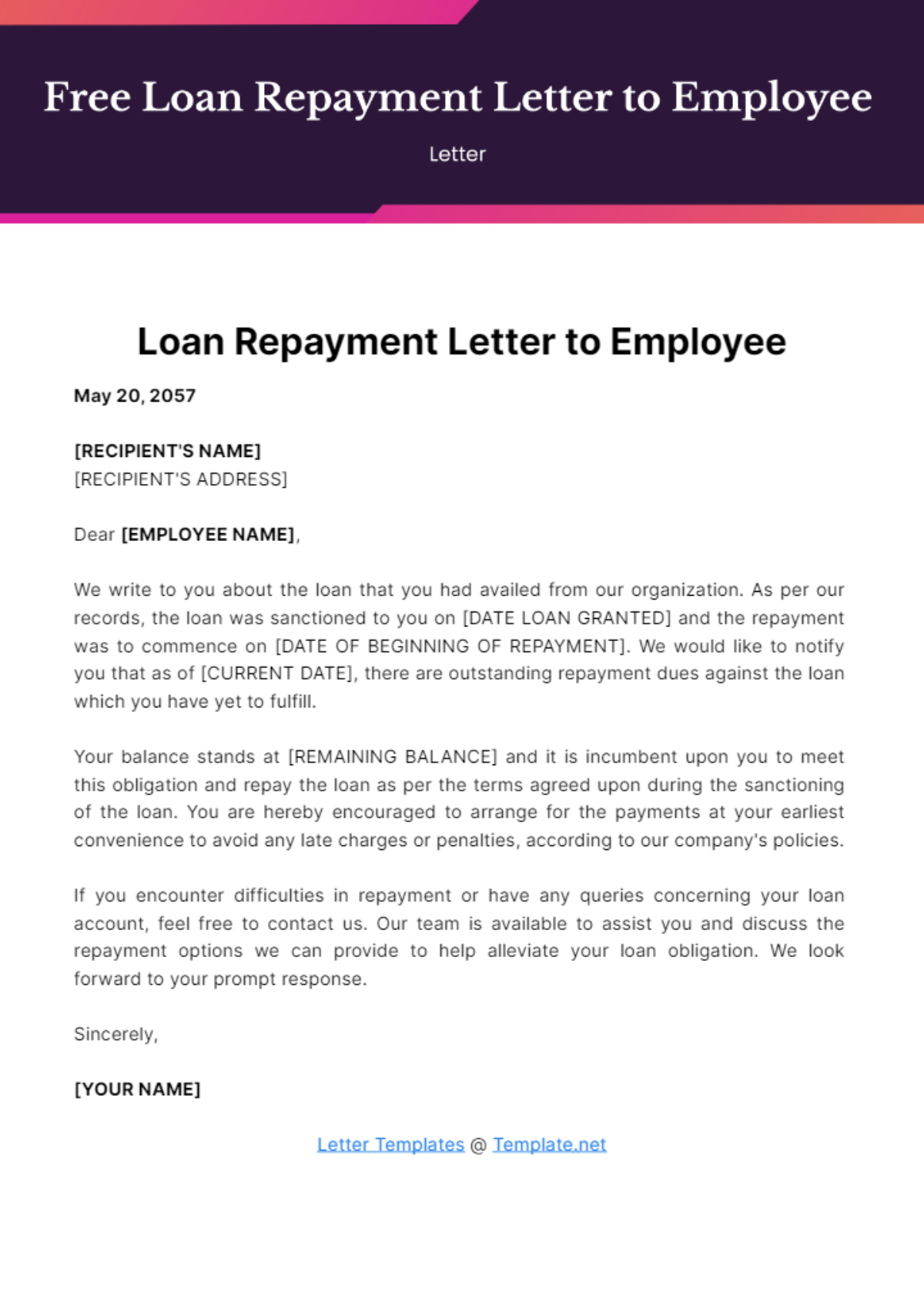 Free Loan Repayment Letter to Employee Template