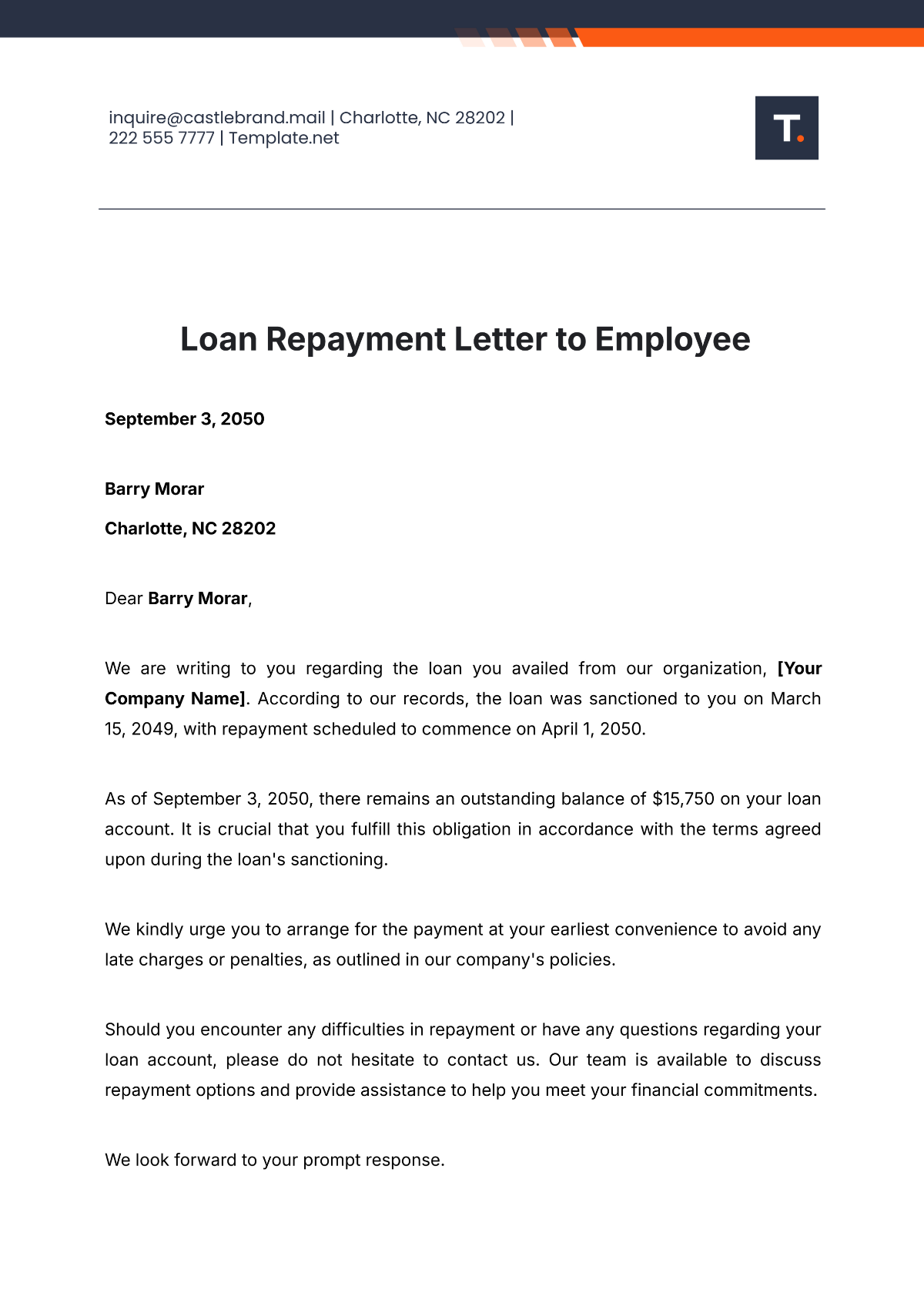 Loan Repayment Letter to Employee Template - Edit Online & Download