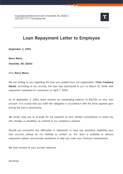Free Loan Repayment Letter to Employee Template to Edit Online
