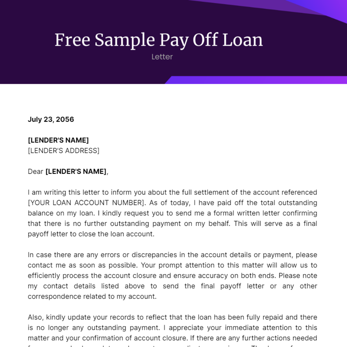 Sample Pay Off Loan Letter Template