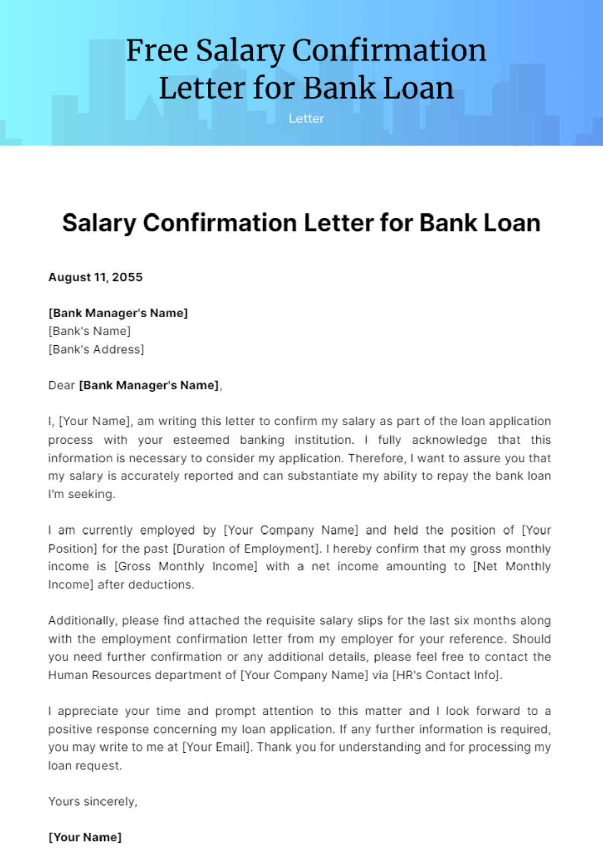 Free Salary Confirmation Letter for Bank Loan Template