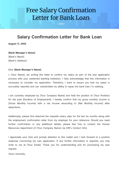 Free Salary Confirmation Letter for Bank Loan Template to Edit Online