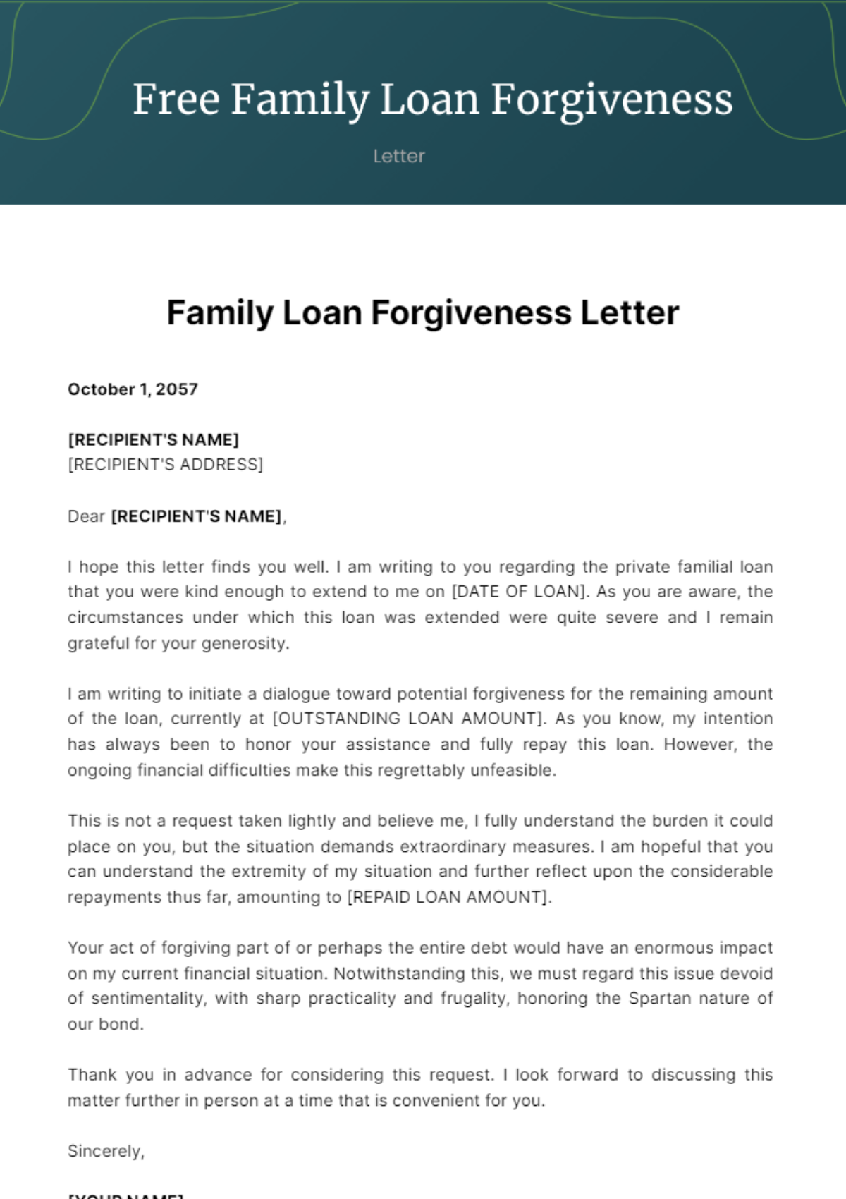 Free Family Loan Forgiveness Letter Template