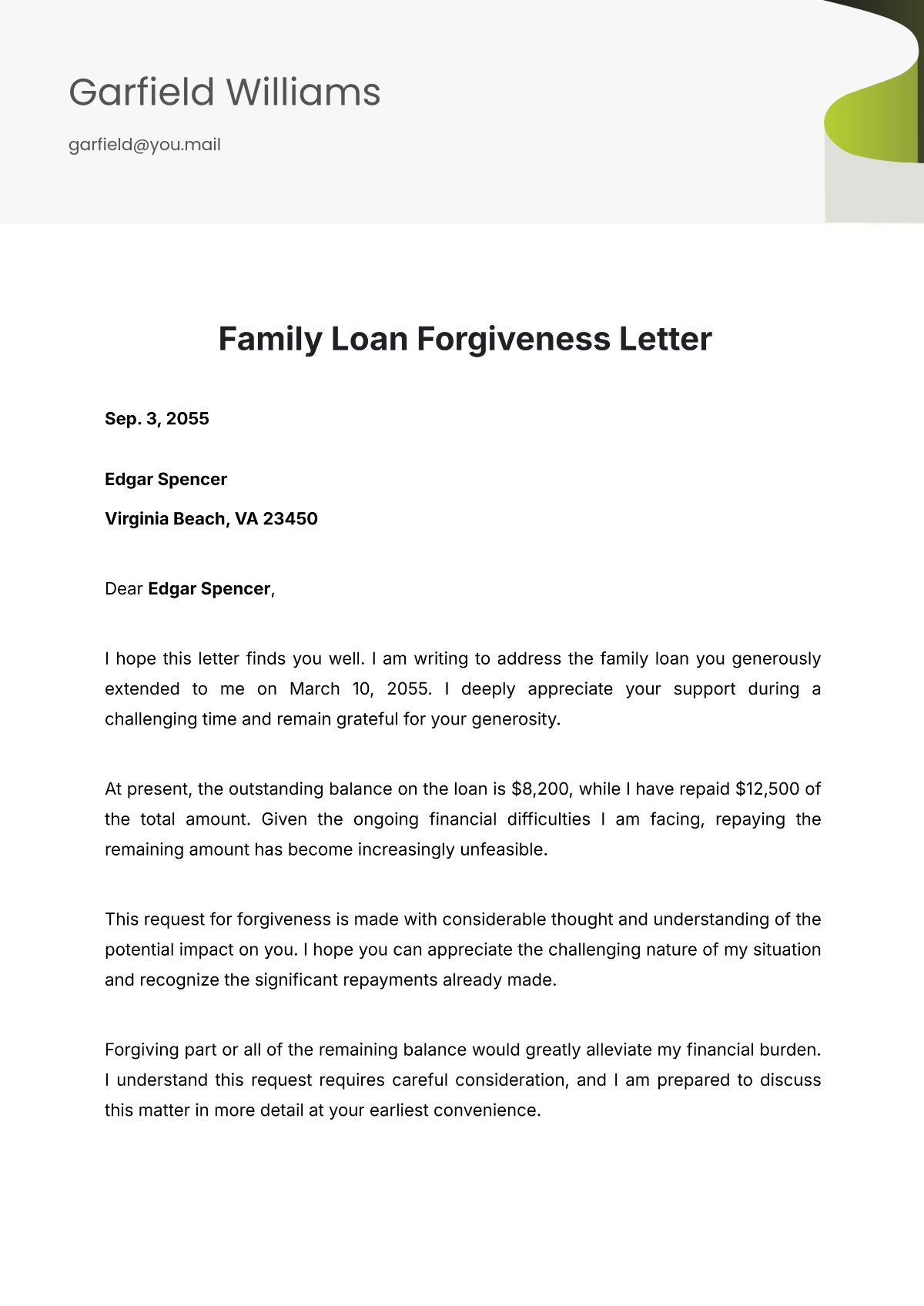 Family Loan Forgiveness Letter Template - Edit Online & Download