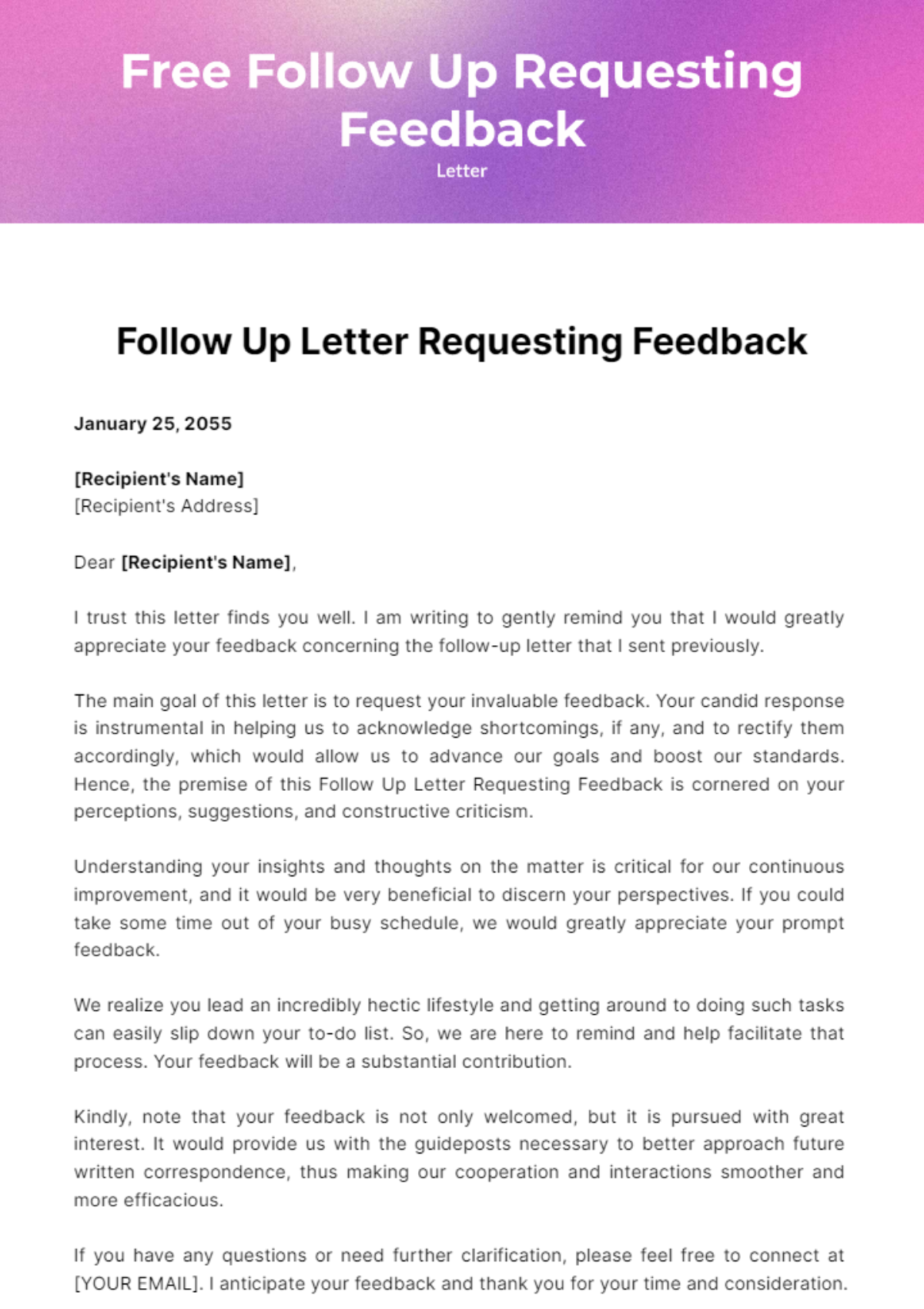 Free Follow Up Letter Requesting Feedback Template