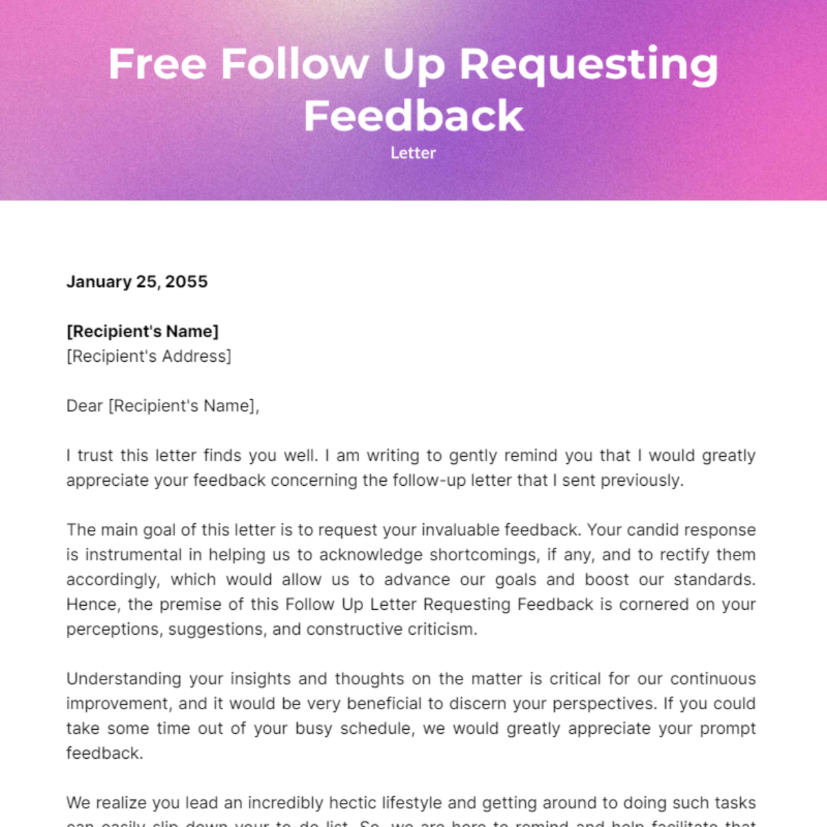 Follow Up Letter Requesting Feedback Template