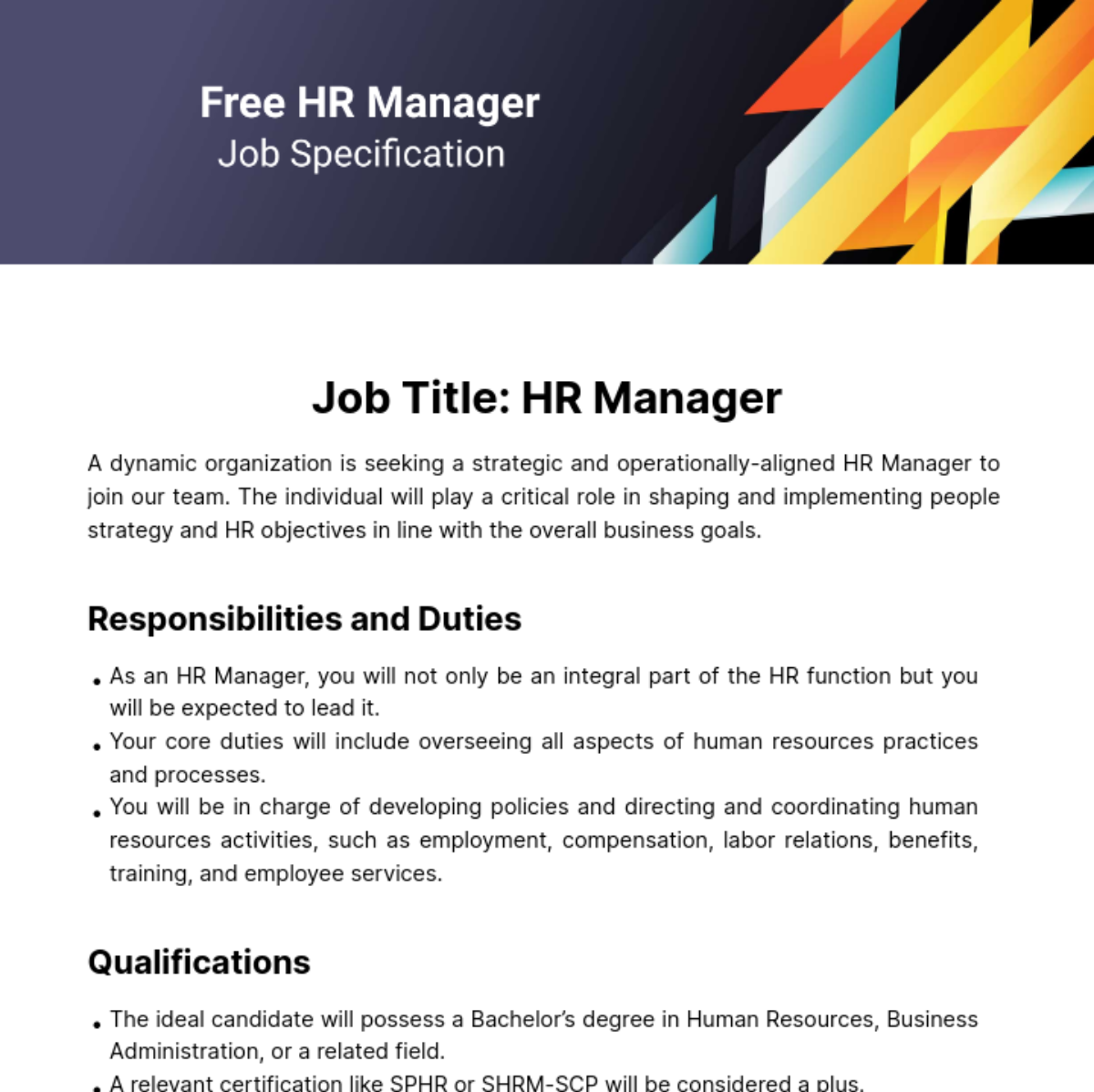 HR Manager Job Specification Template Edit Online Download Example   HR Manager Job Specification Edit Online 1 