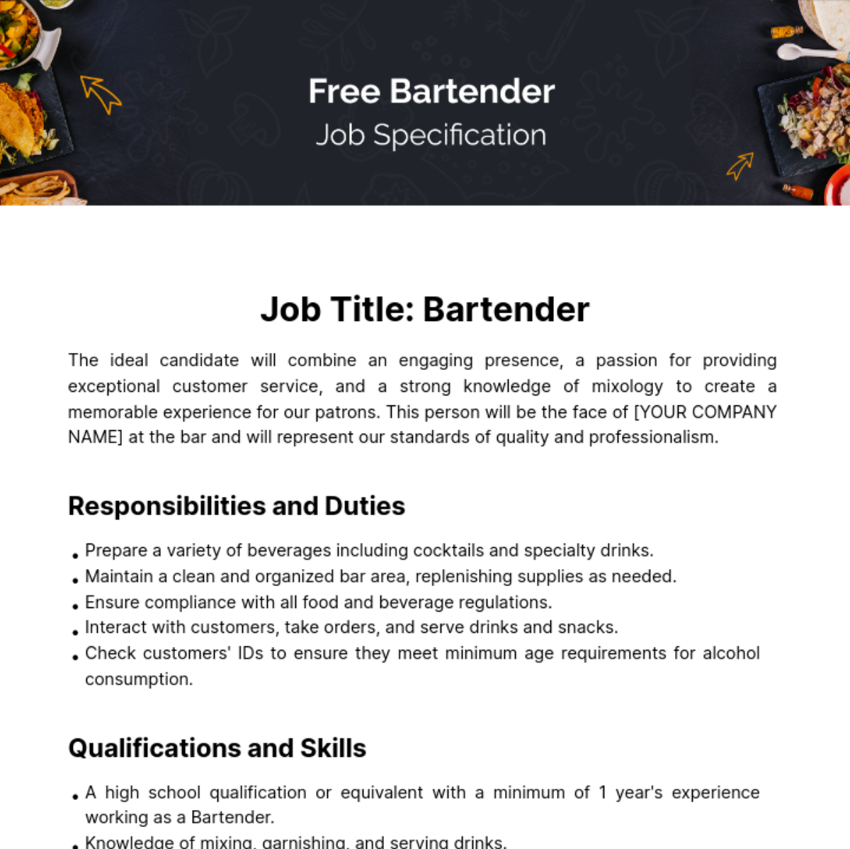 Bartender Job Specification Template - Edit Online & Download