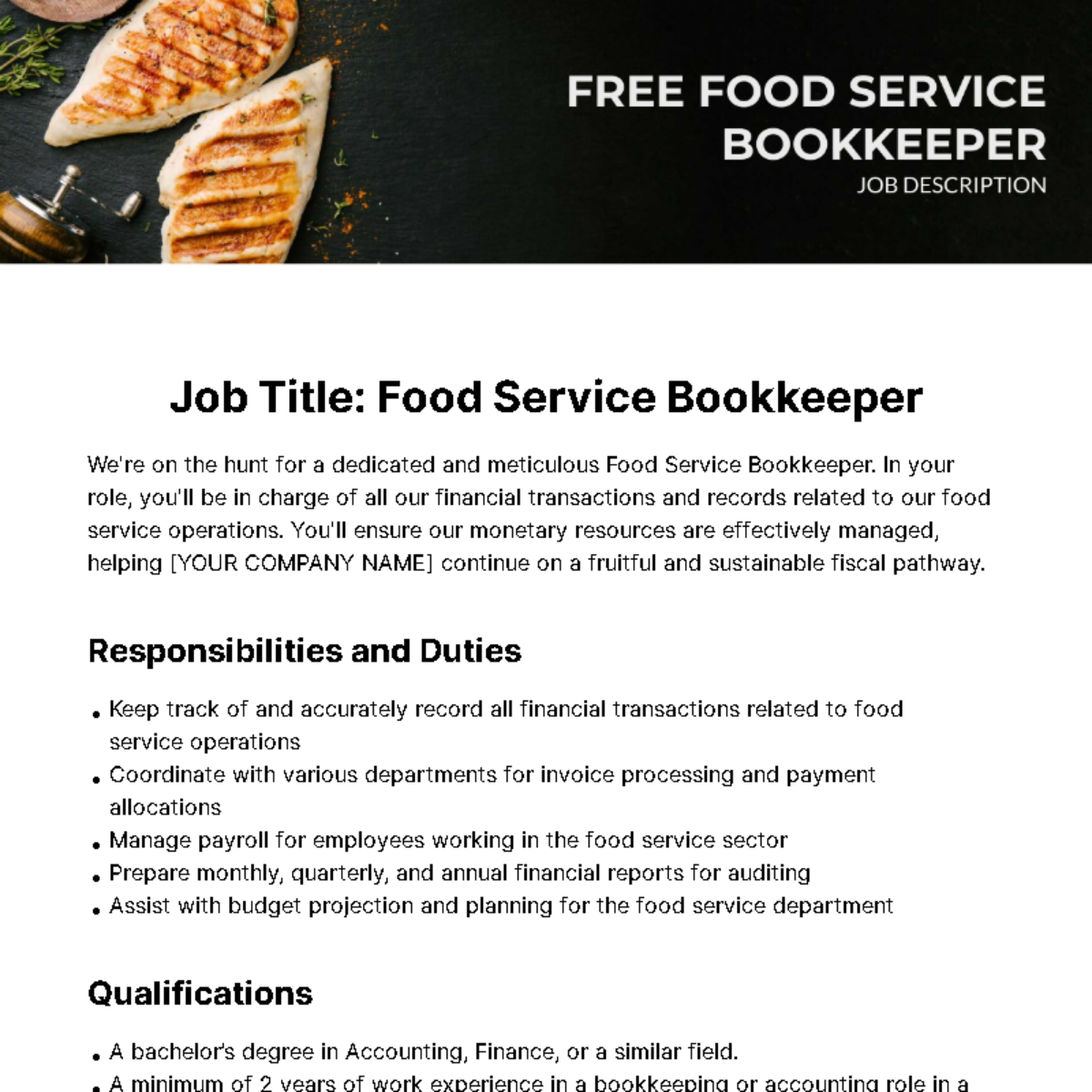 Food Service Bookkeeper Job Description Template - Edit Online & Download