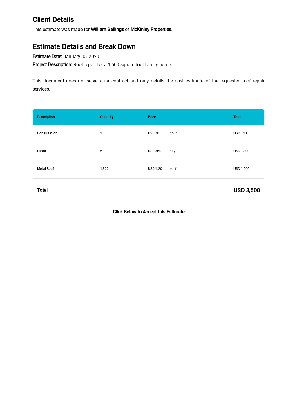 Roof Repair Estimate Template Free PDF - Word (DOC ...