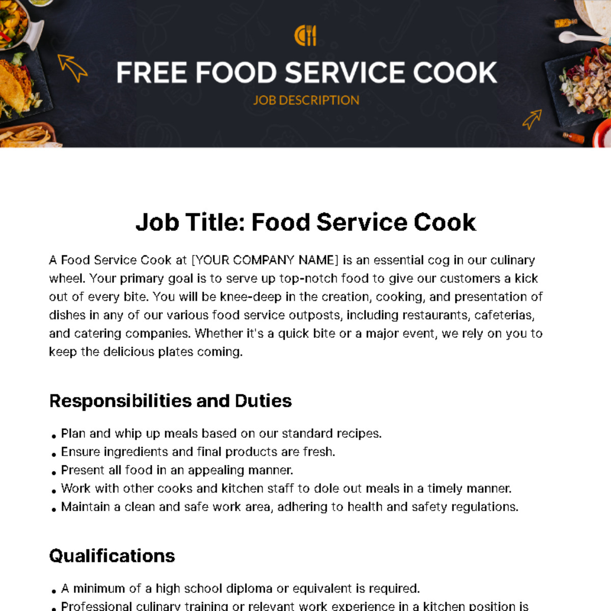 Food Service Cook Job Description Template - Edit Online & Download