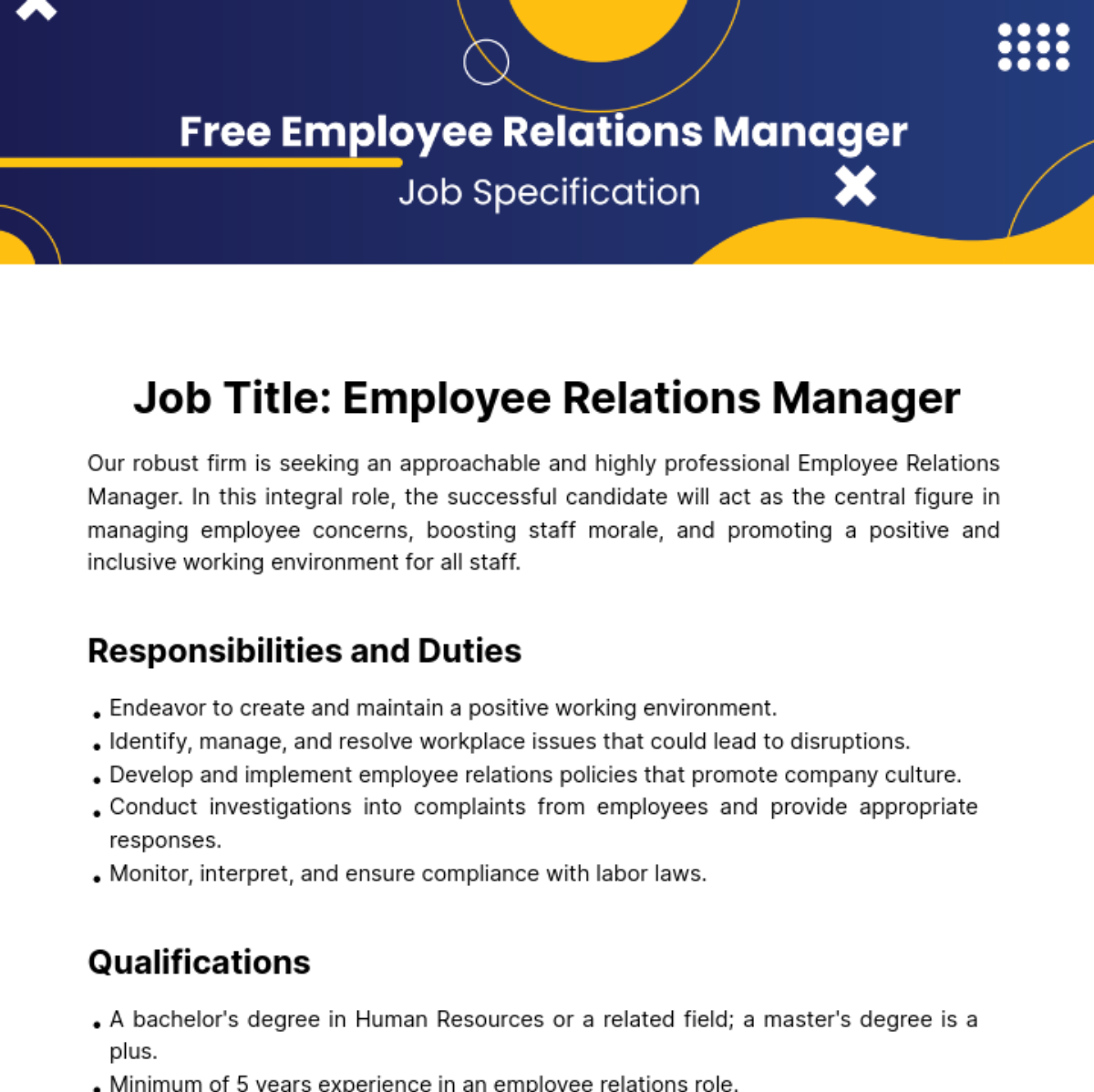 Employee Relations Manager Job Specification Template - Edit Online & Download