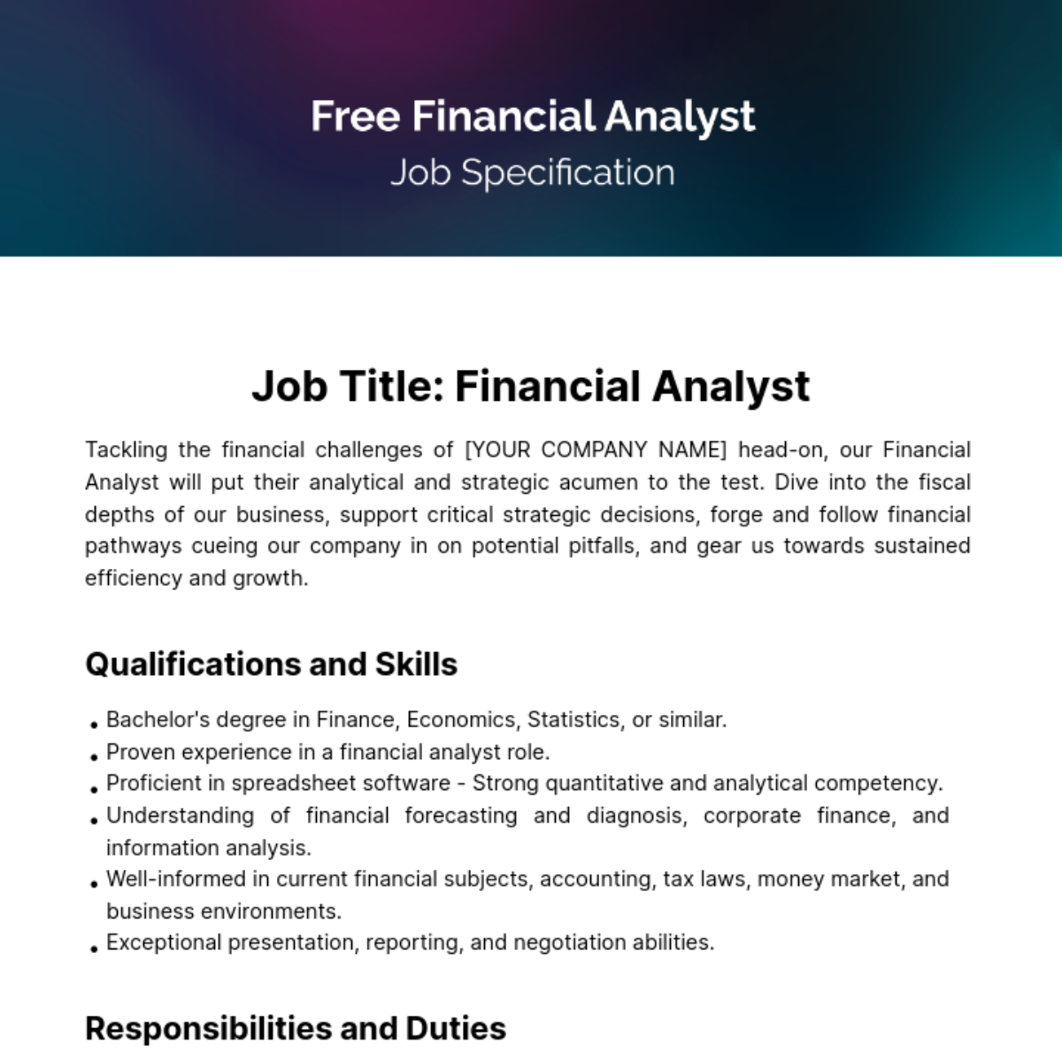 Financial Analyst Job Specification Template - Edit Online & Download