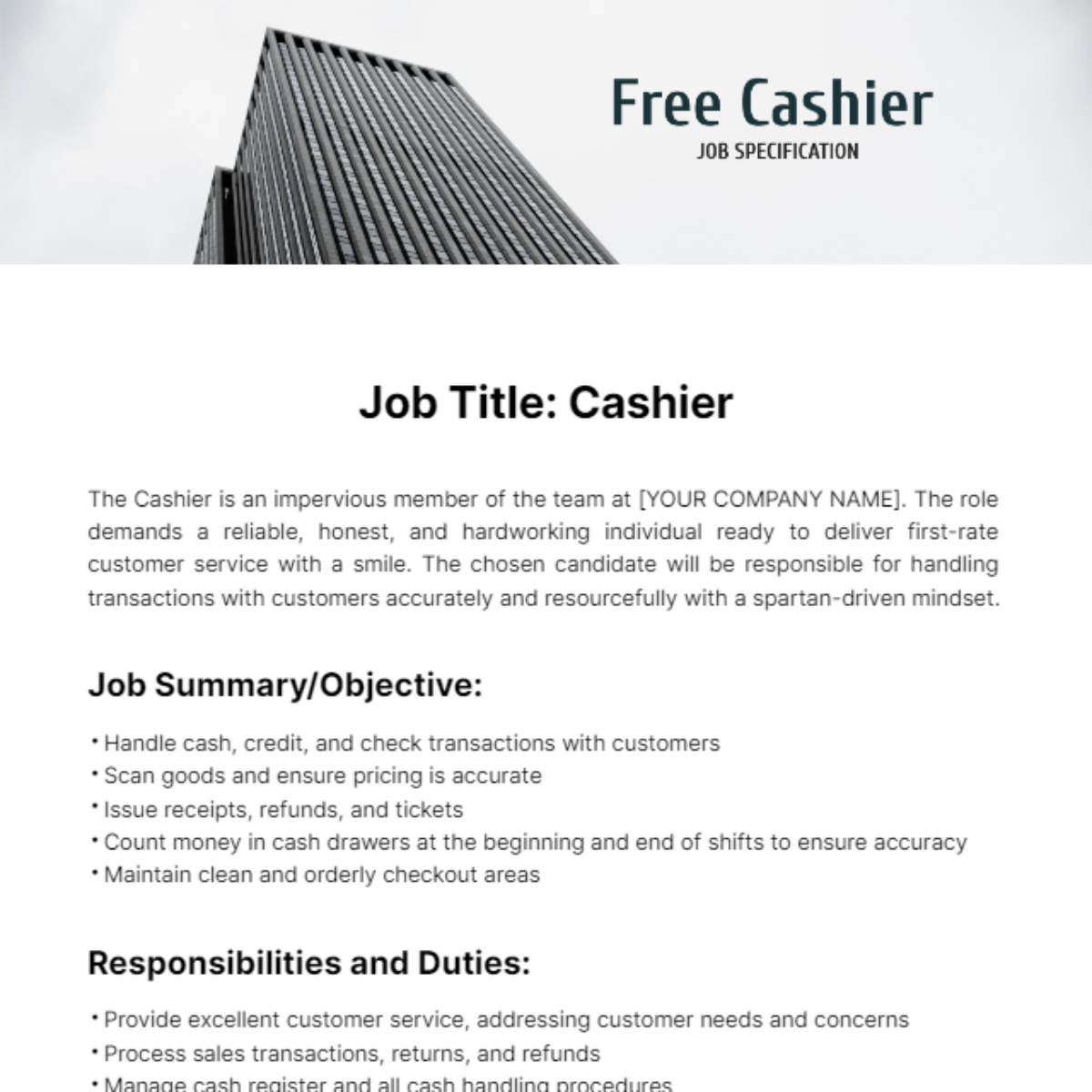 Cashier Job Specification Template - Edit Online & Download