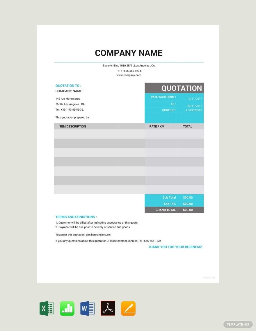 Taxi Quotation Template - Google Docs, Google Sheets, Excel, Word ...