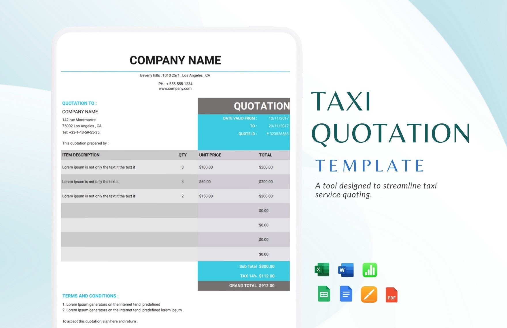 Taxi Quotation Template in Word, Google Docs, Excel, PDF, Google Sheets, Apple Pages, Apple Numbers