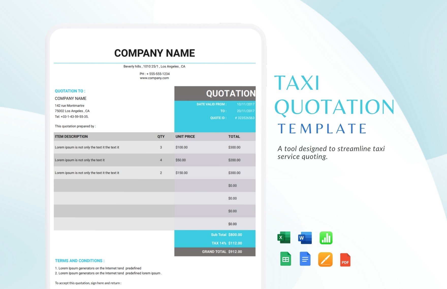 Taxi Quotation Template in Excel, Apple Numbers, PDF, Apple Pages, Google Sheets, Word, Google Docs - Download | Template.net