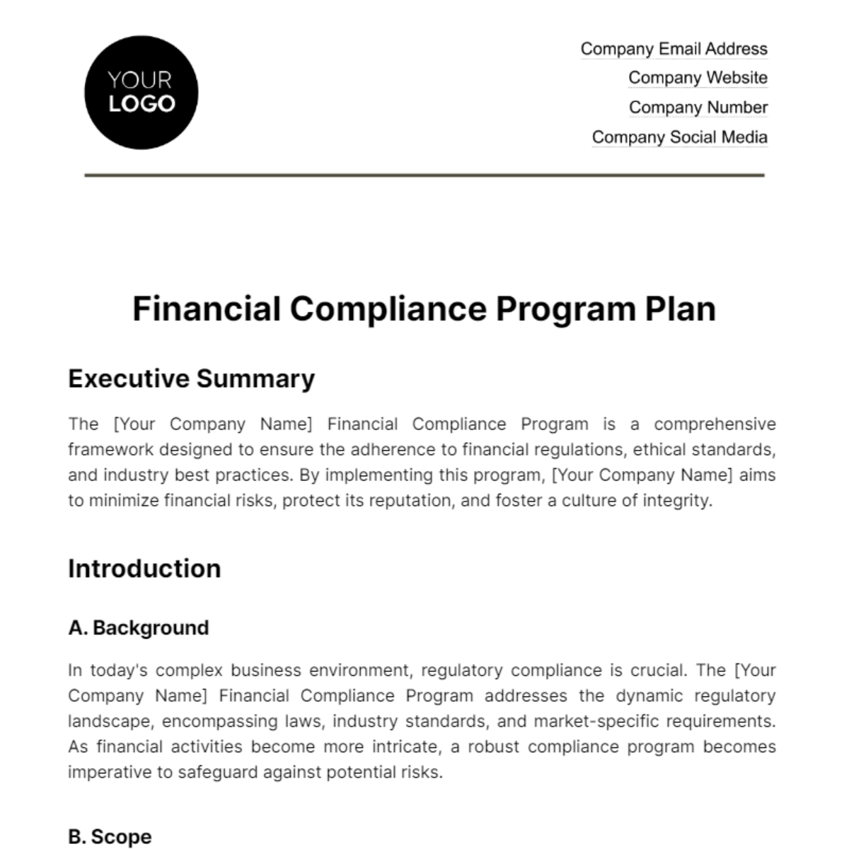 Financial Compliance Program Plan Template - Edit Online & Download