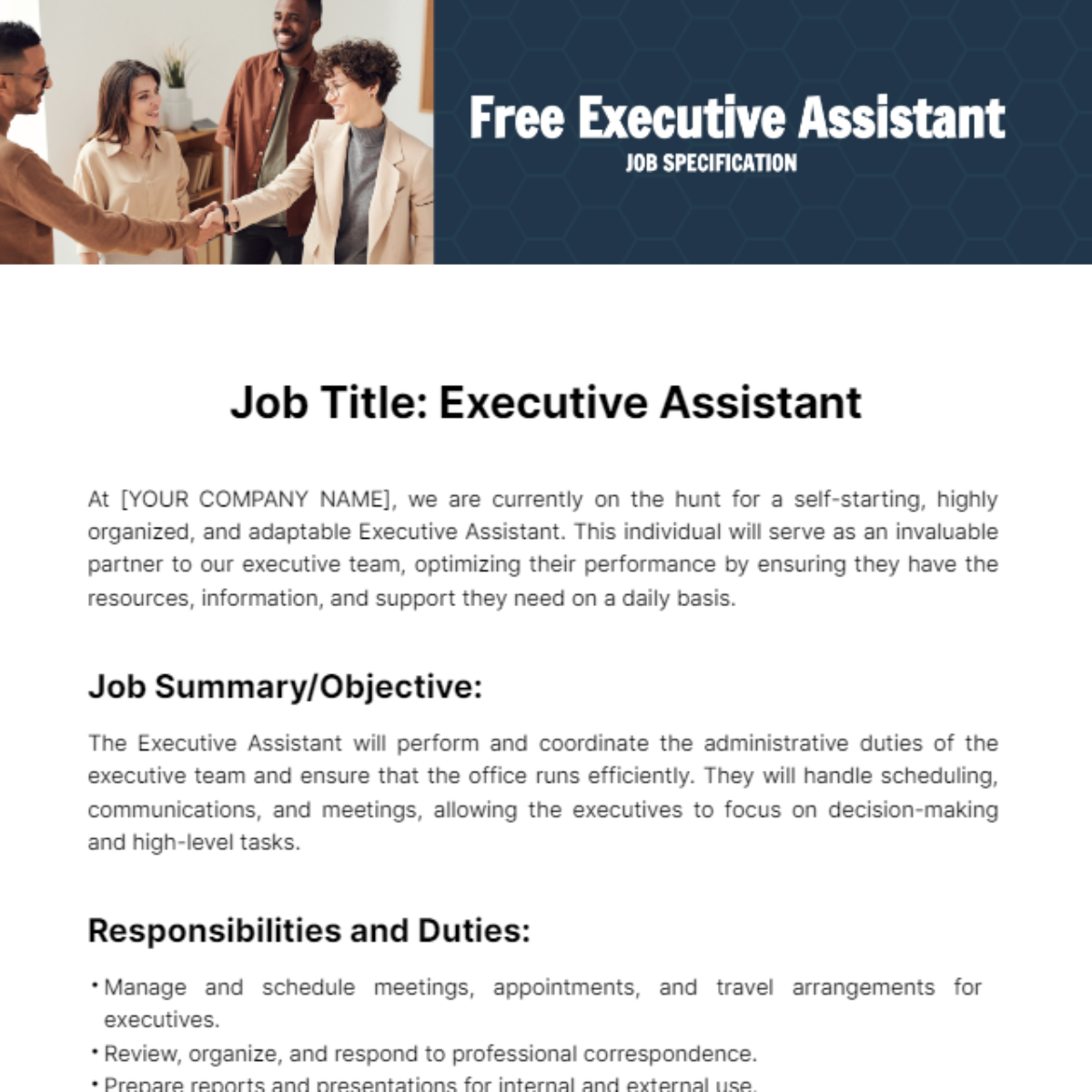 Free Executive Assistant Job Specification Template