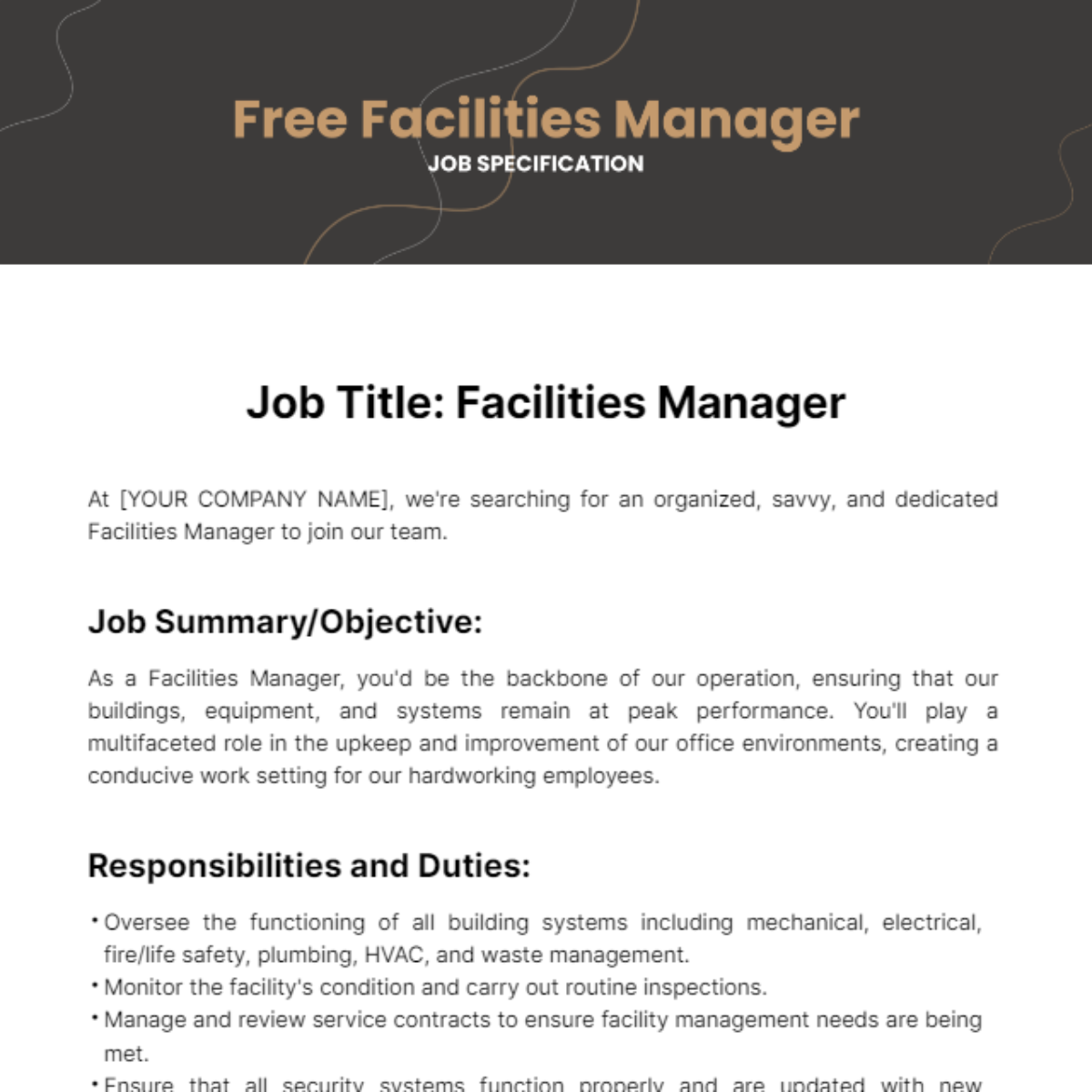 Facilities Manager Job Specification Template - Edit Online & Download