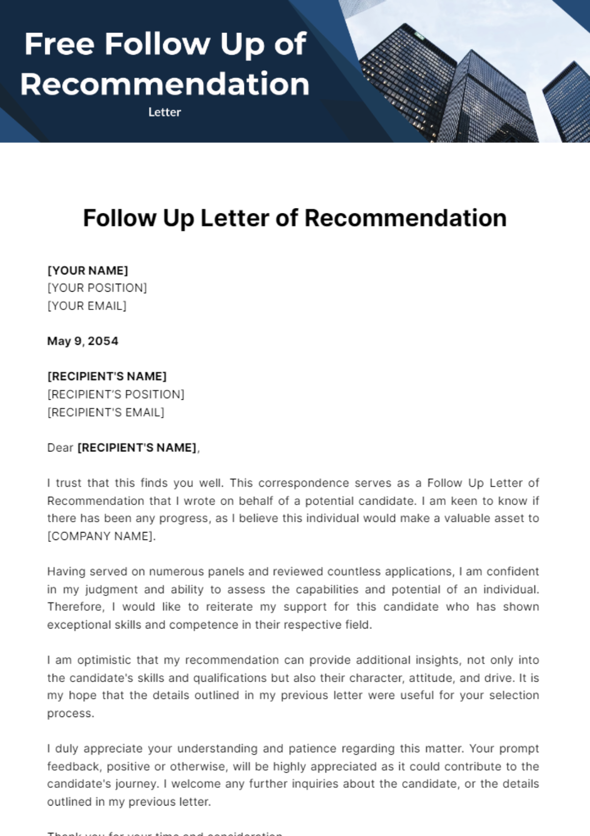 Free Follow Up Letter of Recommendation Template