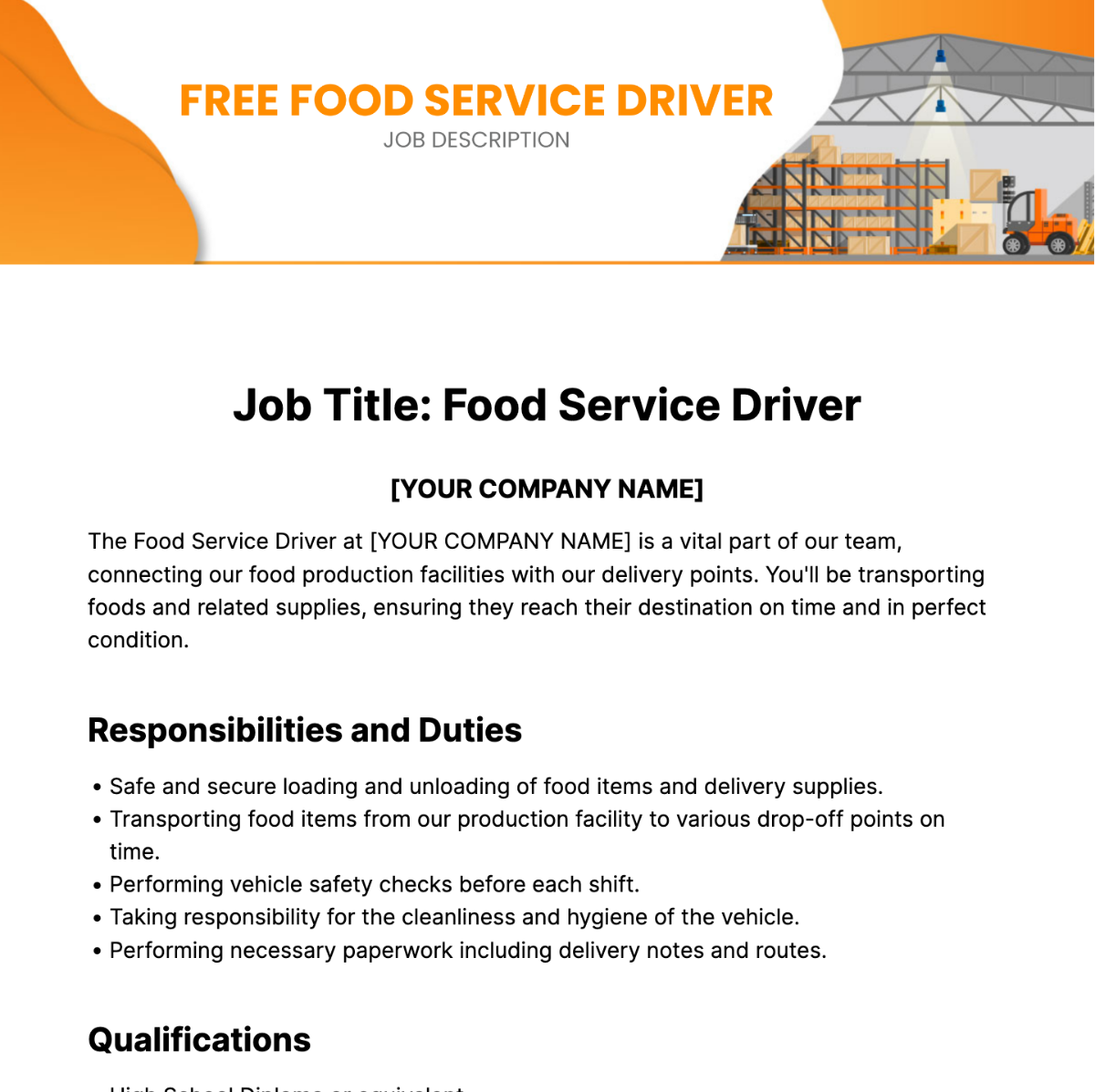 Food Service Driver Job Description Template - Edit Online & Download