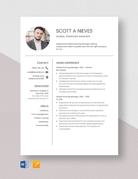 Global Sourcing Manager Resume/CV Template - Word (DOC) | Apple (MAC) Pages