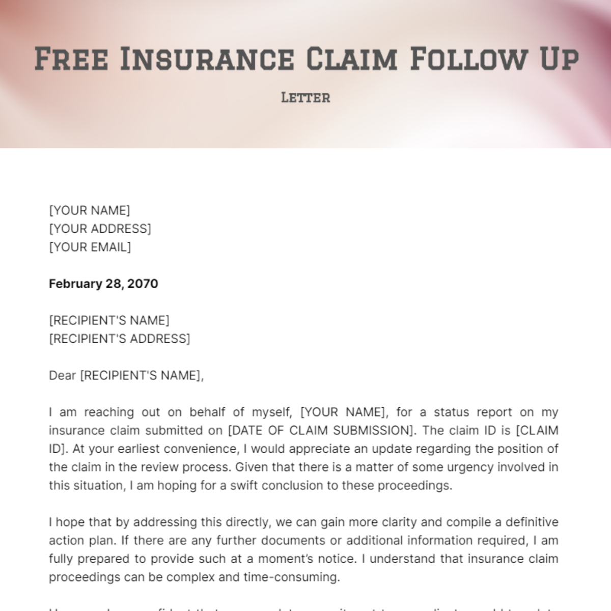 Insurance Claim Follow Up Letter Template